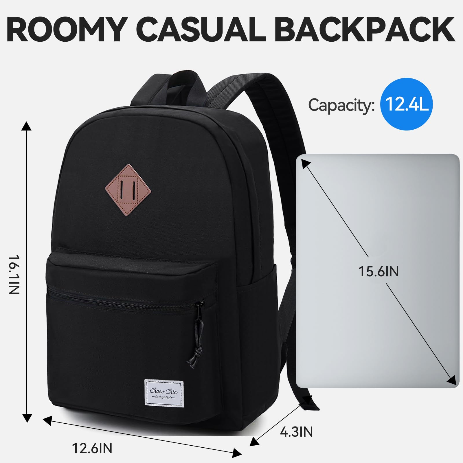 Stylish Unisex Lightweight School & Travel Backpack - Water-Resistant Casual Rucksack with Laptop Compartment Fits 15.6 Inch Notebook - Perfect for College, Commuting & Weekend Getaways (Black, Medium Size)