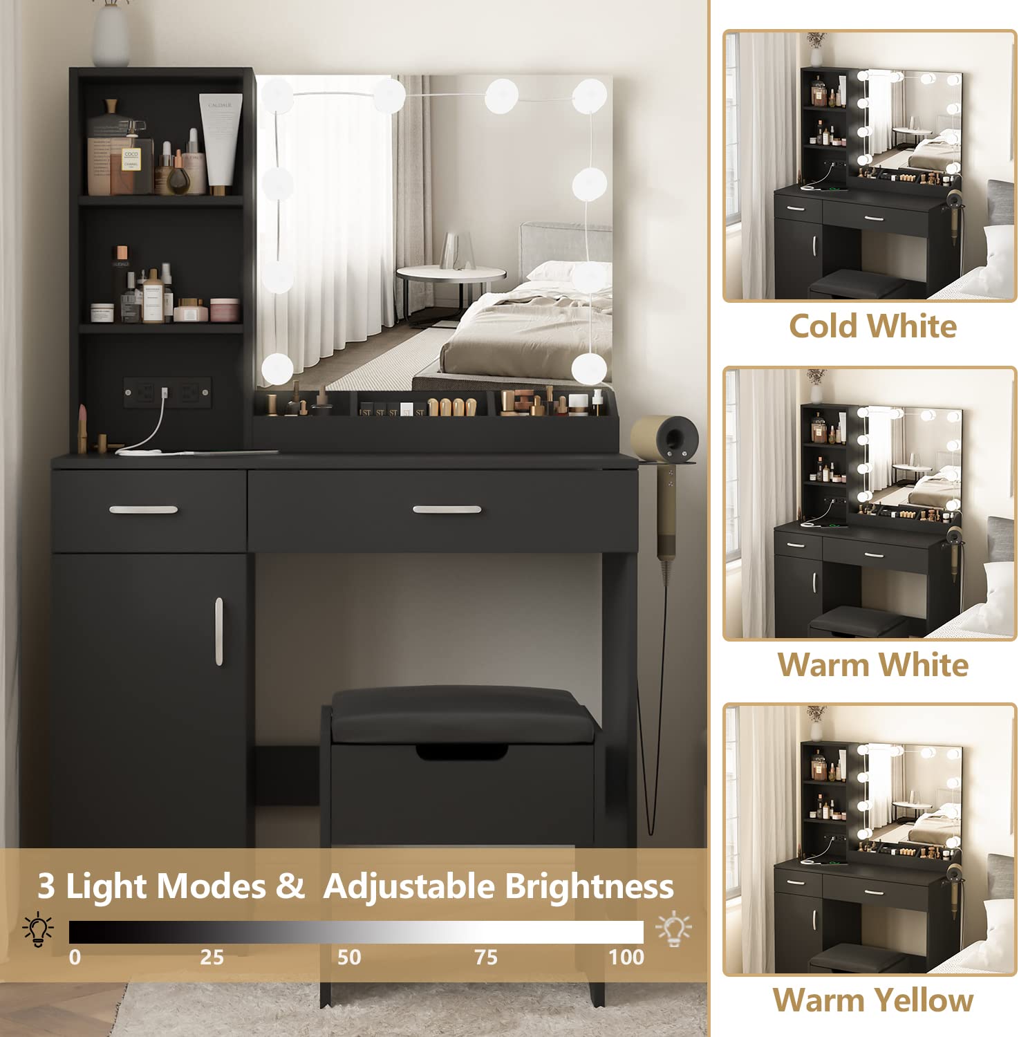 Fameill Black Makeup Vanity Desk with LED Lighted Mirror & Power Strip, 2-Drawer Vanity Table Set with Storage, 3 Adjustable Lighting Colors, 35.4 Inch - Perfect for Bedroom, Dressing Room & Home Beauty Station
