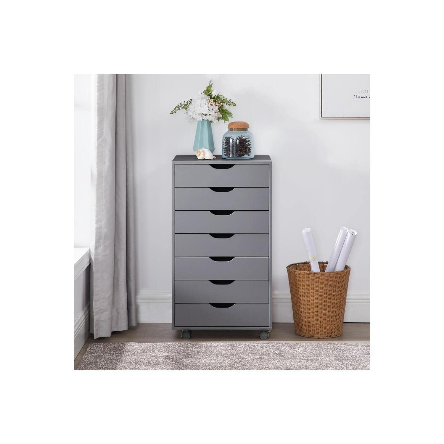 Naomi Home 7-Drawer Rolling File Cabinet with Wheels - Gray Office Storage Organizer for Home & Business, 180 lbs Capacity - Perfect as Under Desk Storage, Printer Stand & Filing Cabinet for Office Organization