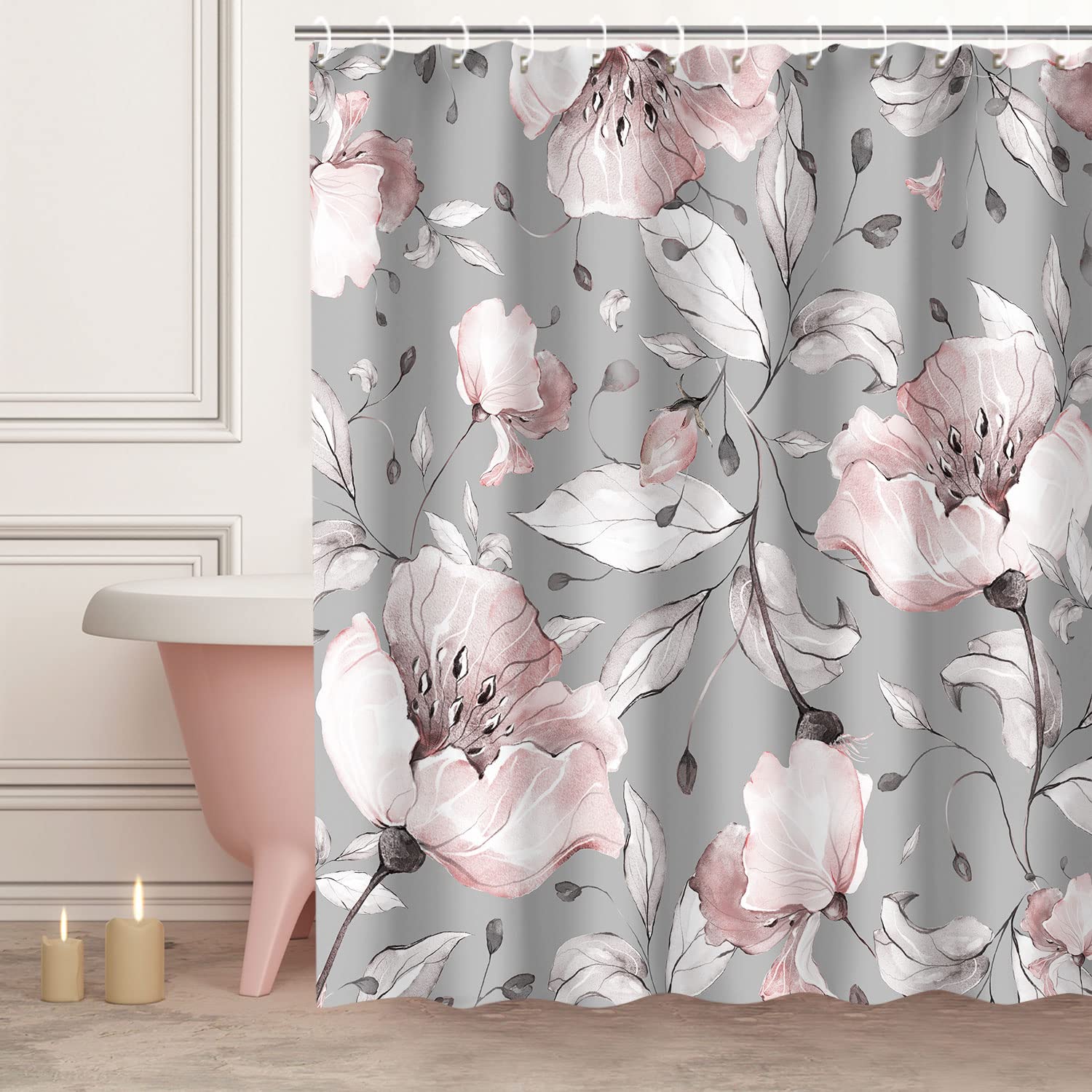 RosieLily Pink Floral Shower Curtain Set - Waterproof Grey Background Bathroom Decor with Hooks - 72x72 Inch Washable Fabric Shower Curtain for Modern Bathroom, Guest Bath, or Master Suite