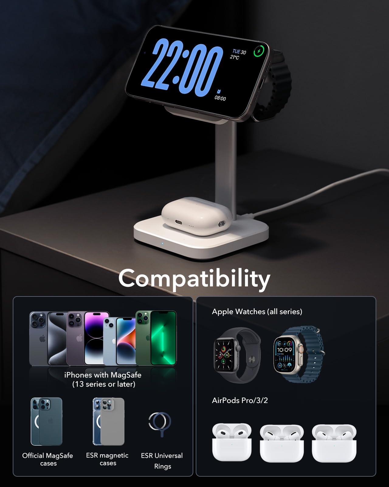 ESR Qi2 Certified 3-in-1 Wireless Charging Station - 15W MagSafe Charger Stand for iPhone 16/15/14/13, Apple Watch Charger & AirPods 4/3 - Fast Wireless Charger for Multiple Devices (White) | Perfect for Home, Office & Travel