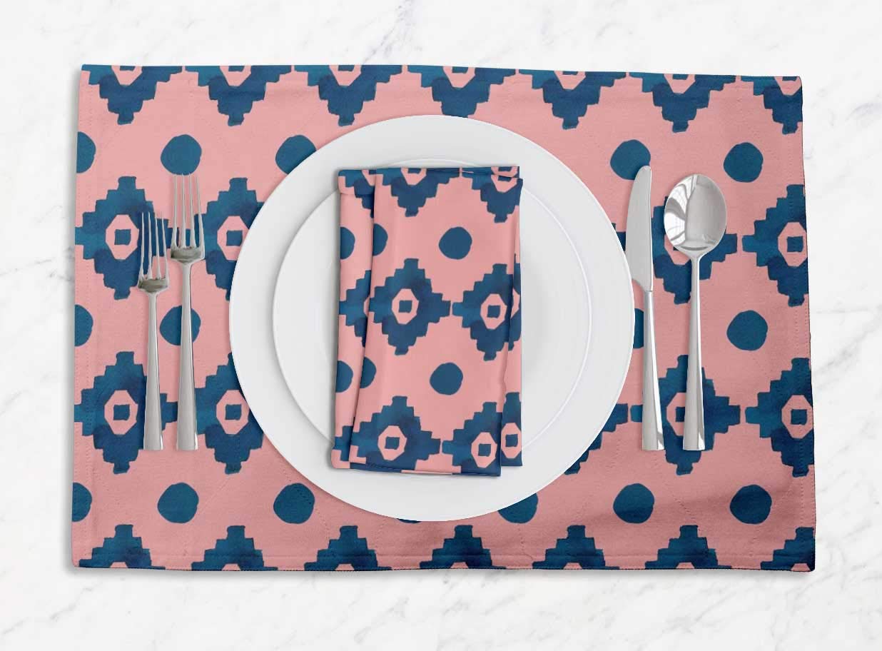 Stylish Orange Aztec Geometric Reversible Table Mats & Napkins Set - Washable Printed Dining Table Decor for Kitchen, Dining Room & Outdoor Entertaining