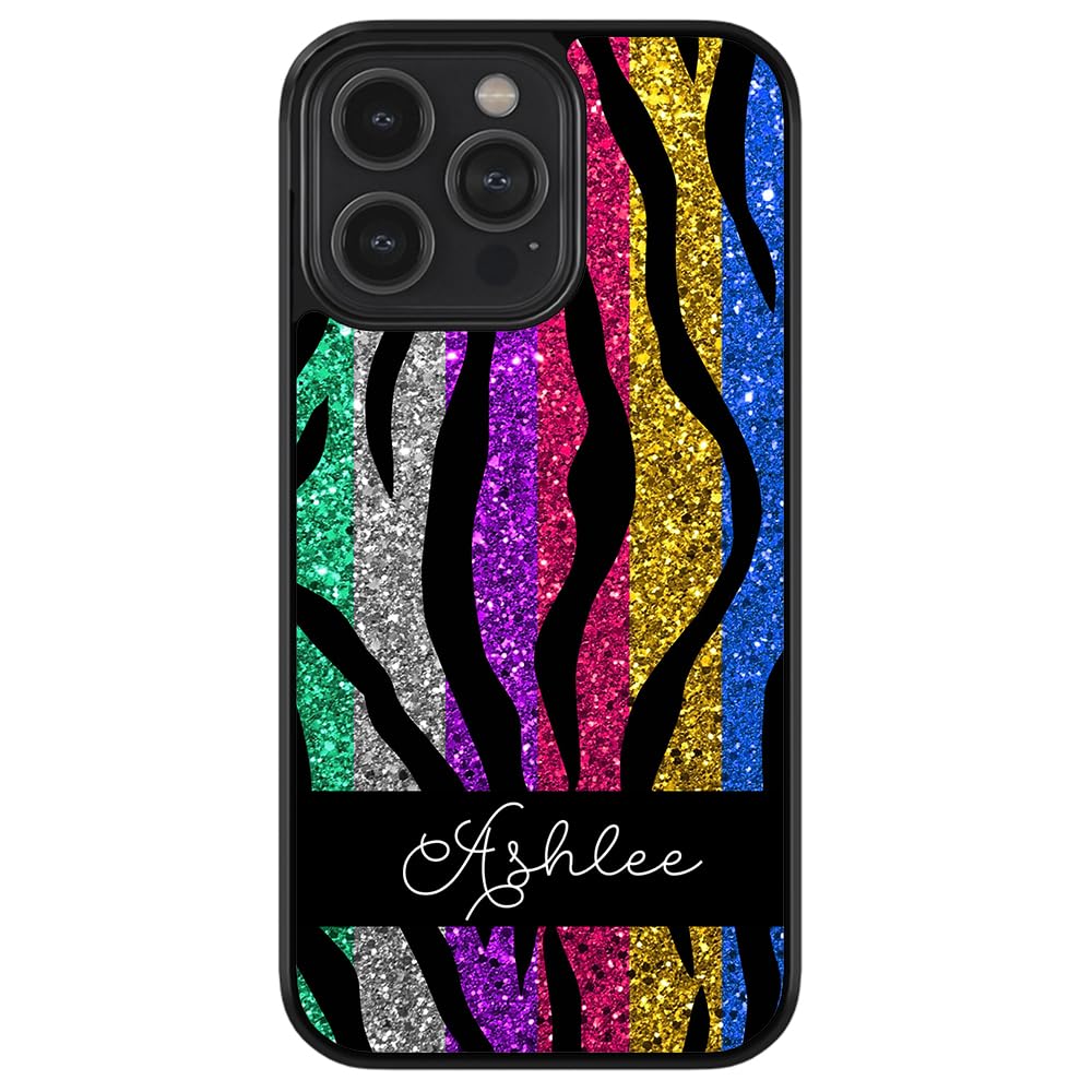 Glittery Colorful Tiger Stripe Personalized Black Rubber Phone Case for iPhone 16 Pro Max/15 Pro Max/14 Pro Max/13 Pro Max/12 Pro Max/11/X/8/7 Plus - Durable Shockproof Protective Cover for Everyday Use, Parties & Travel