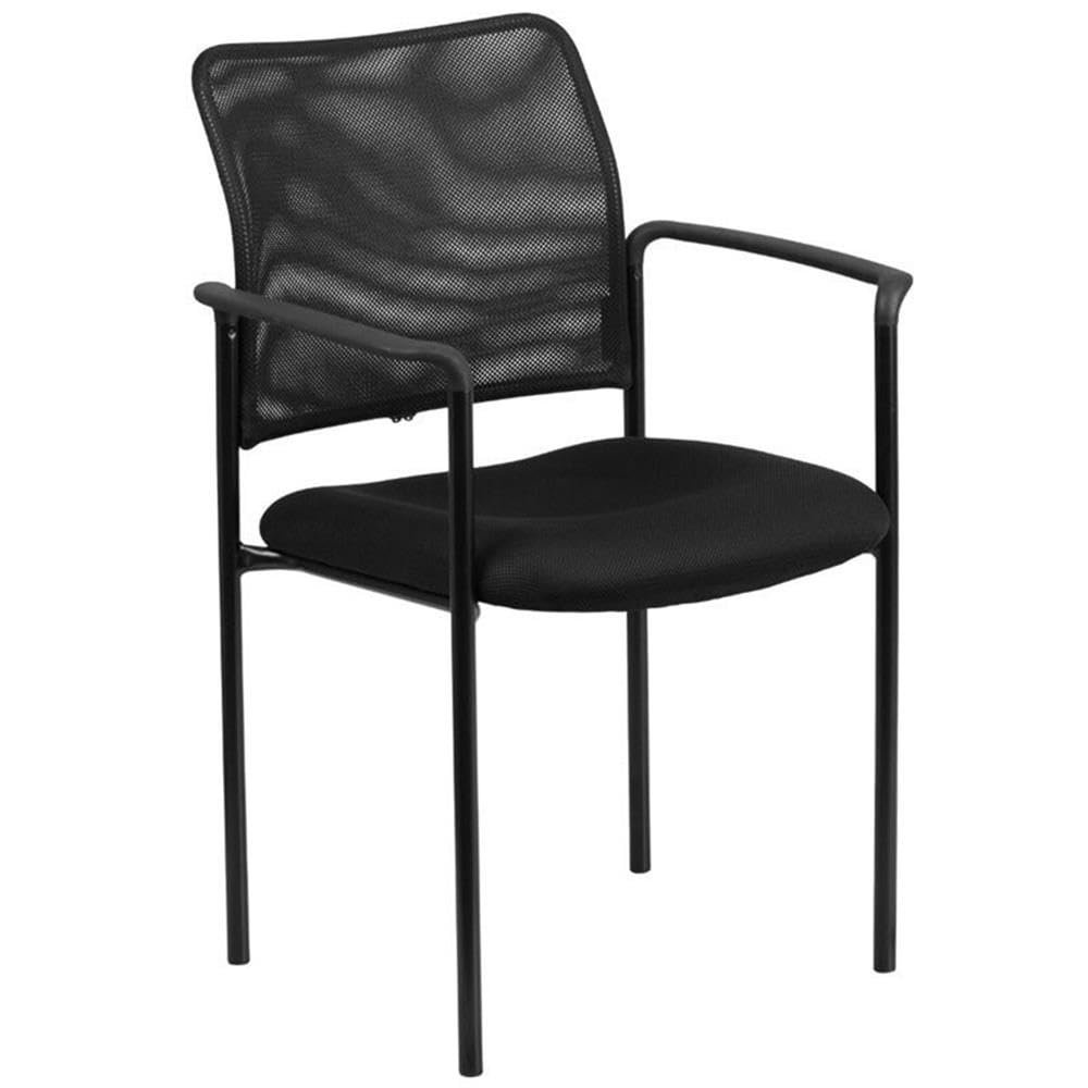 BOWERY HILL Black Mesh Stacking Side Arm Chair - Modern Outdoor Patio Dining & Poolside Seating Furniture