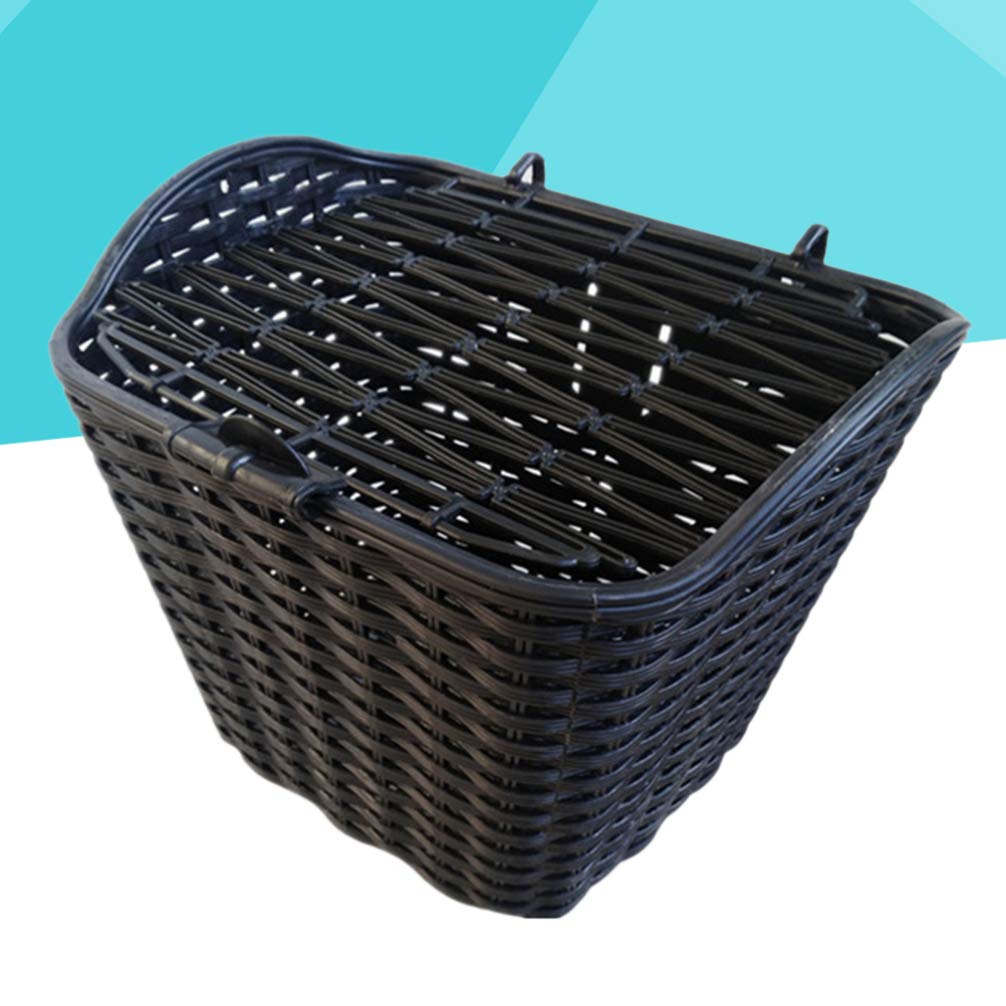 BESPORTBLE Black Plastic Bike Basket - Front Handlebar Basket with Rattan Wicker Design & Cover - Outdoor Cycling Storage Accessory for Commuting, Shopping & Picnics