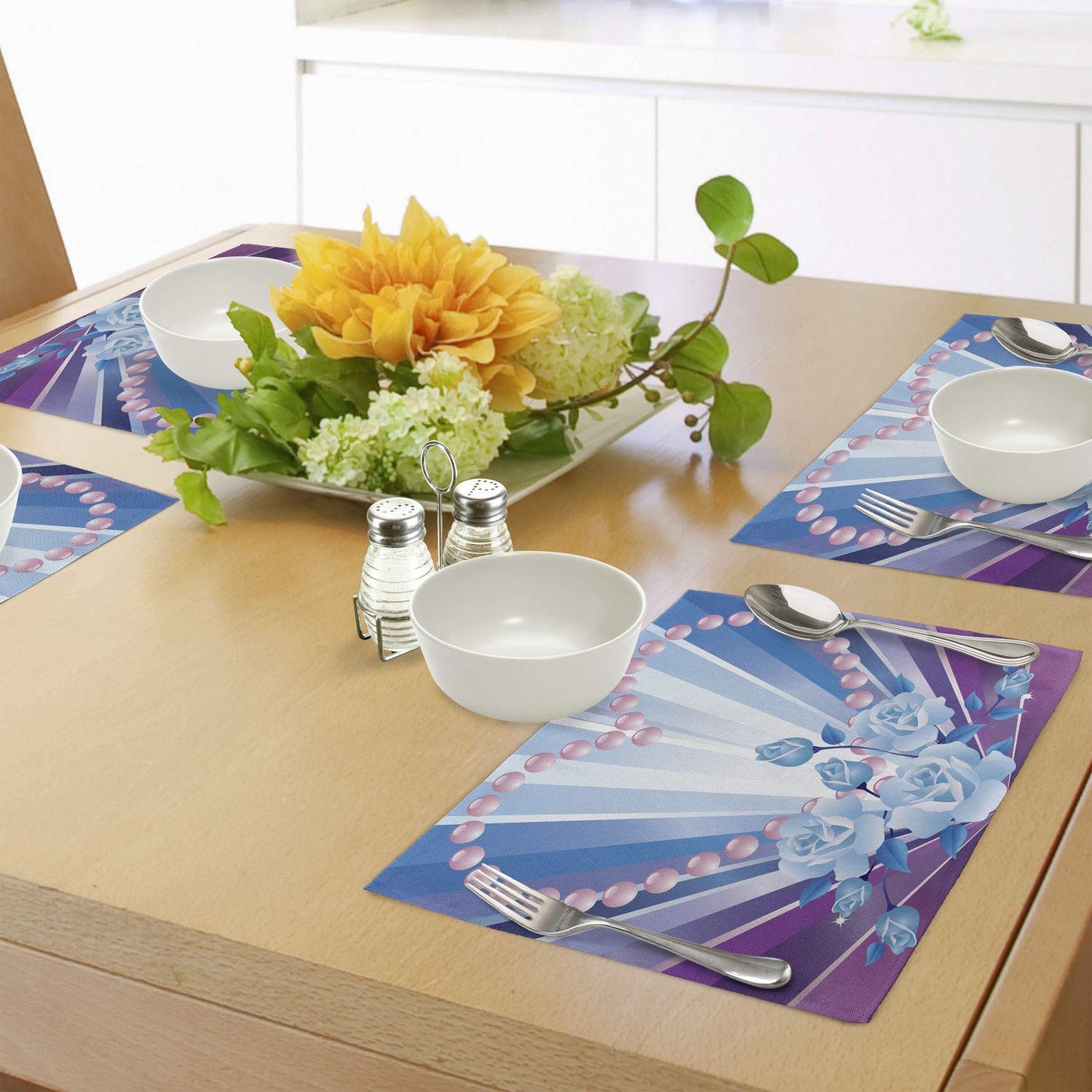 Ambesonne 4-Piece Pearls Place Mats Set - Valentine's Day Theme with Roses & Hearts on Striped Bridal Design, Washable Fabric Table Mats for Dining Room & Kitchen Decor in Blue, Purple & Pink | Perfect for Romantic Dinners, Bridal Showers & Holiday Table Settings