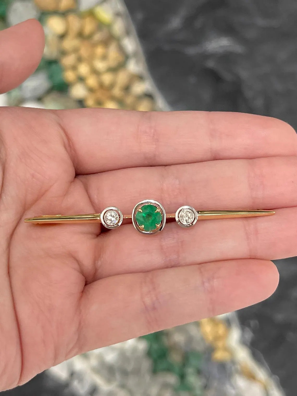 1.65tcw Natural Emerald Diamond Vintage Three Stone Antique Brooch Pin - Elegant Jewelry for Weddings, Parties & Special Occasions