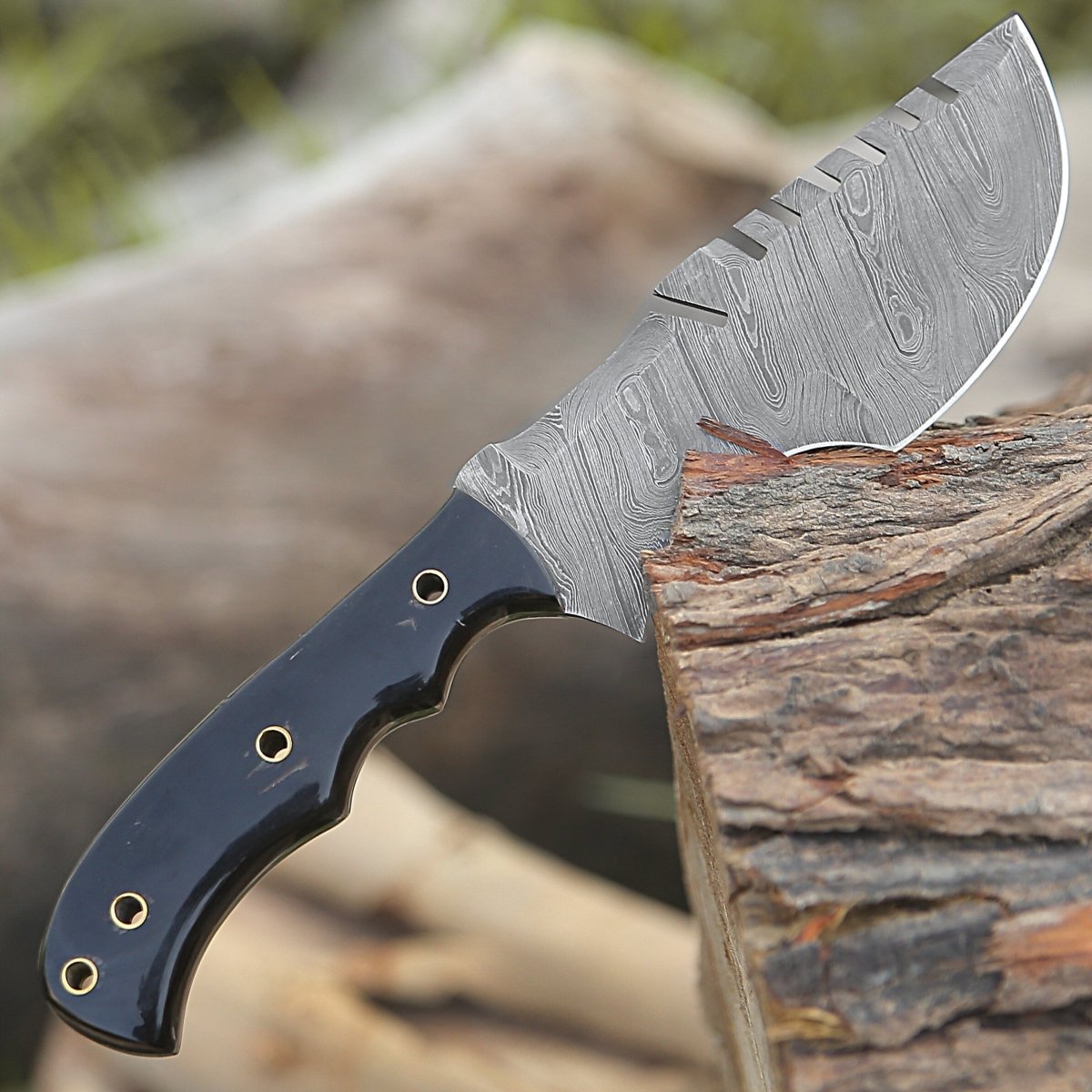 Premium Damascus Steel Warthog Tracker Knife with Genuine Horn Handle - Hunting, Camping, Outdoor Survival Gear