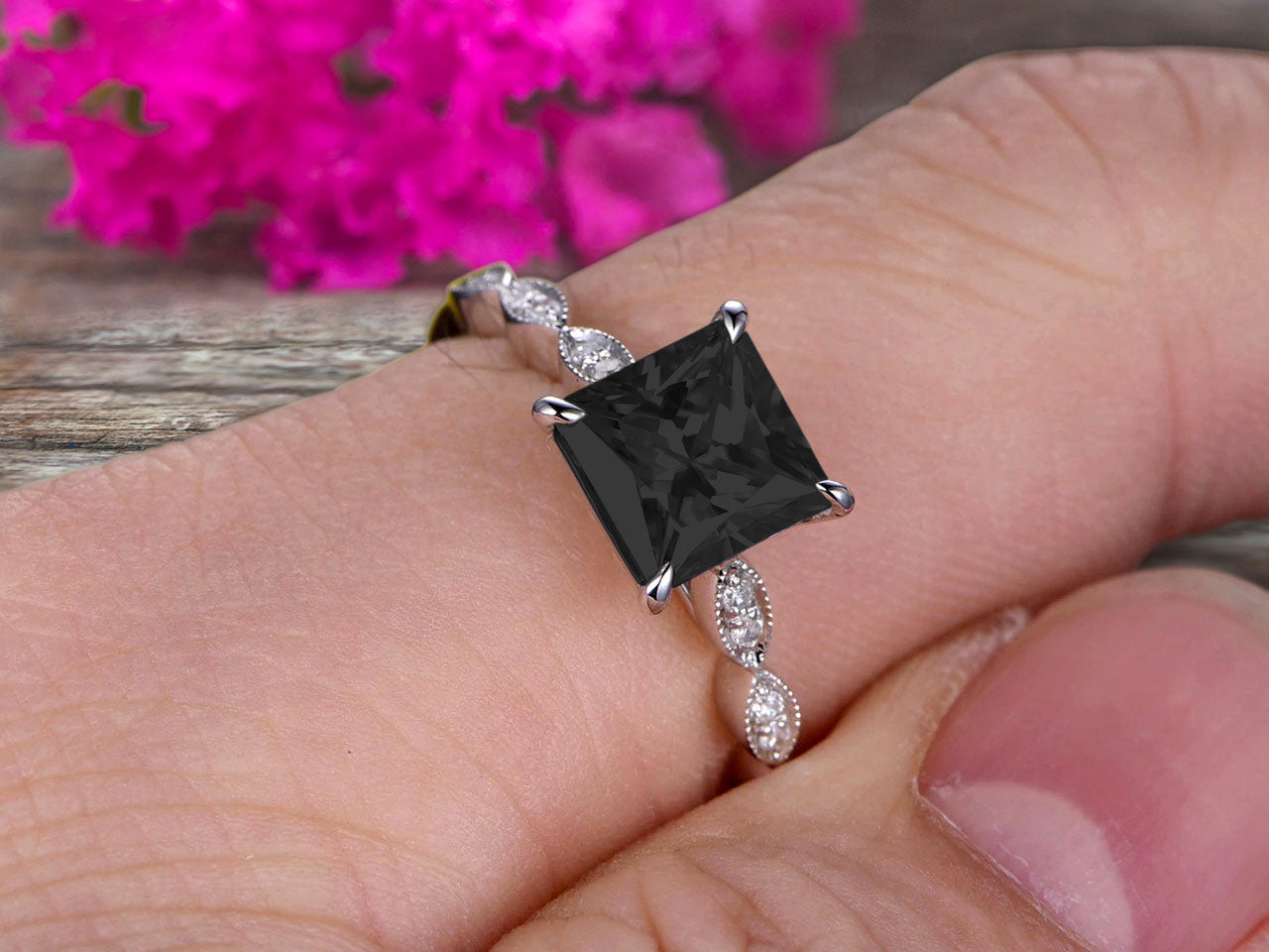 1.25 Carat Princess Cut Black Diamond Moissanite Engagement Ring in 10k White Gold - Vintage Art Deco Style for Wedding, Proposal & Anniversary Gifts