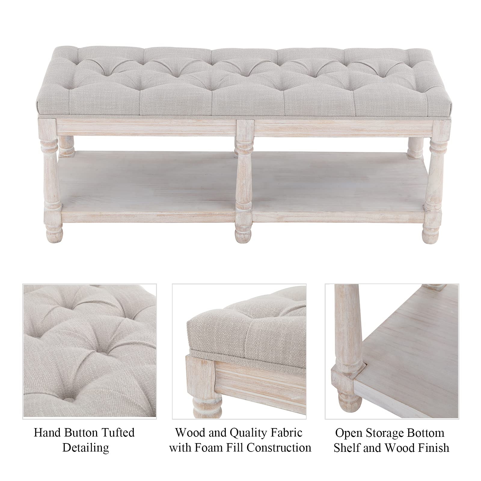 Mid Century Tufted Storage Bench with Shelf - Linen Upholstered Farmhouse Entryway Shoe Bench Ottoman - Rustic Padded Seat Stool for Bedroom, Living Room & Dining Room - Beige - Perfect for Entryway Organization, Bedroom Seating & Living Room Decor