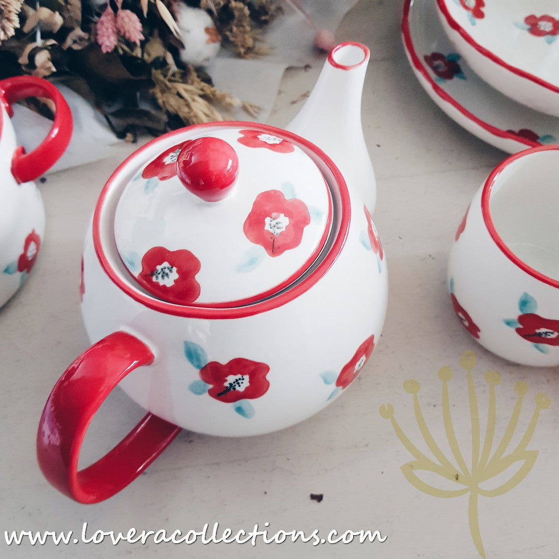 Handmade Red Floral Ceramic Teapot - 70% Off Clearance Sale | Perfect for Afternoon Tea, Gifts & Home Decor
