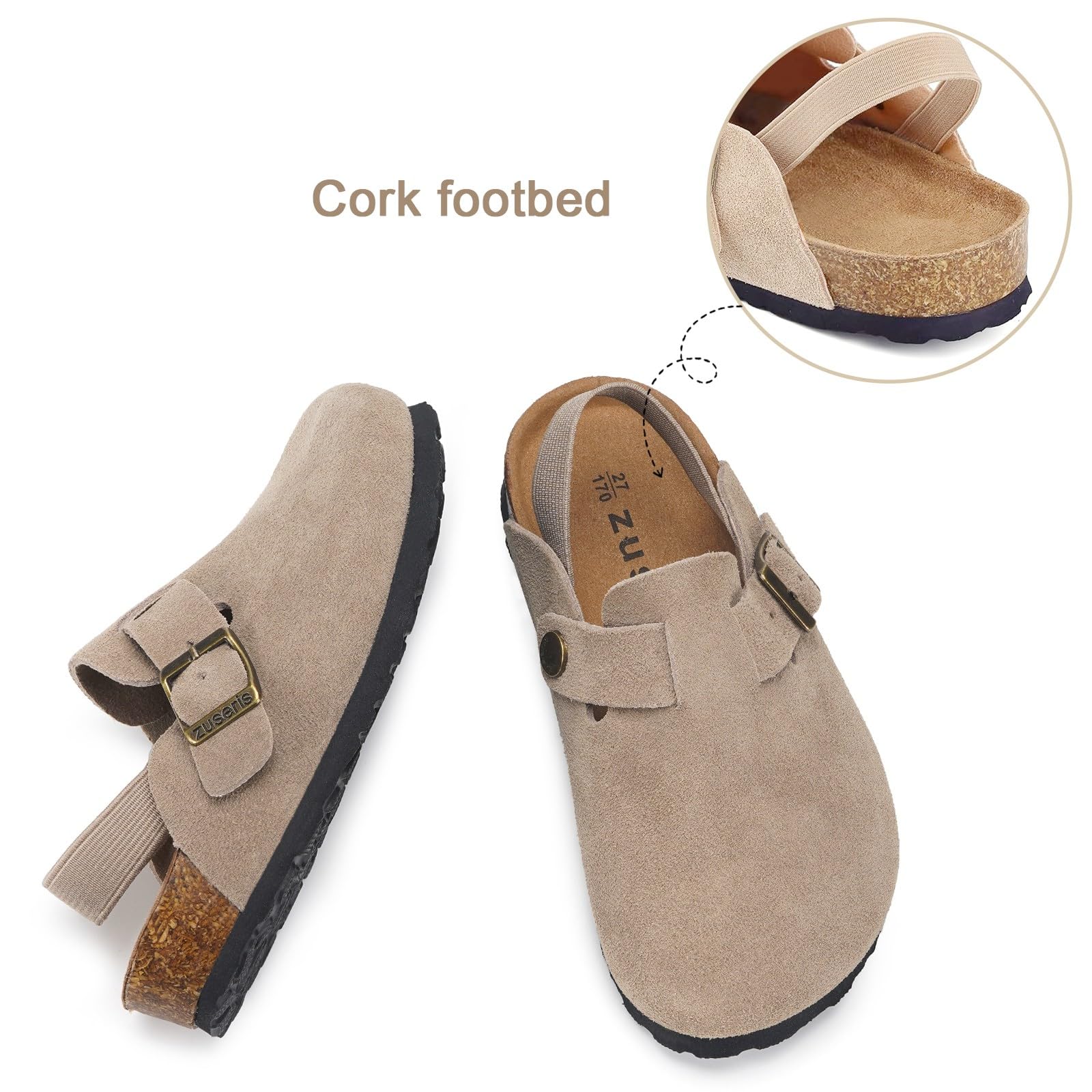 **ZUSERIS Kids Suede Clogs for Toddlers - Adjustable Buckle Leather Slip-On Mules with Cork Footbed - Comfortable Sandals for Boys & Girls - Perfect for Playtime, School & Outdoor Adventures**