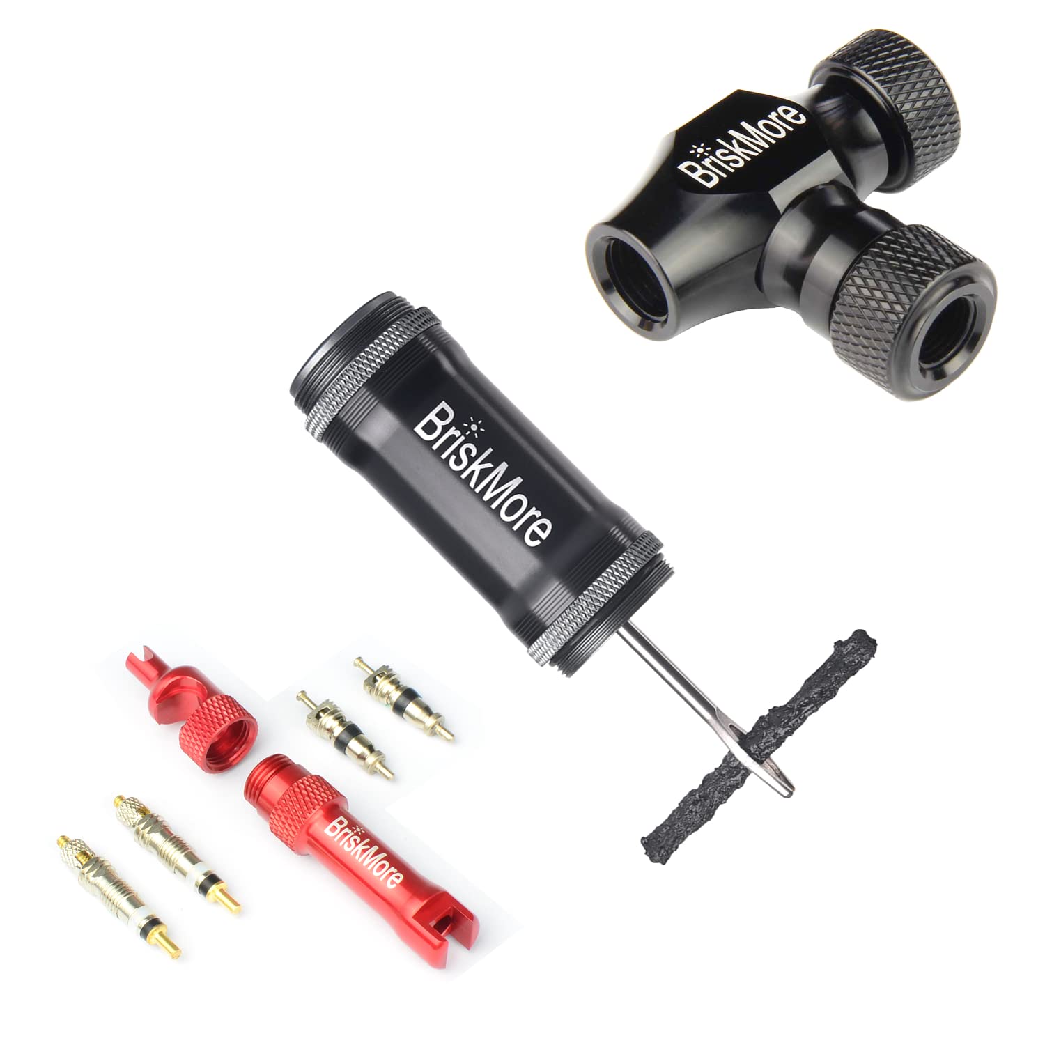 BriskMore Black CO2 Inflator with Tubeless Tire Plug Repair Kit & Valve Core Remover - Portable Bike Tire Repair Tool for Mountain Bikes, Road Bikes & Cycling Emergencies