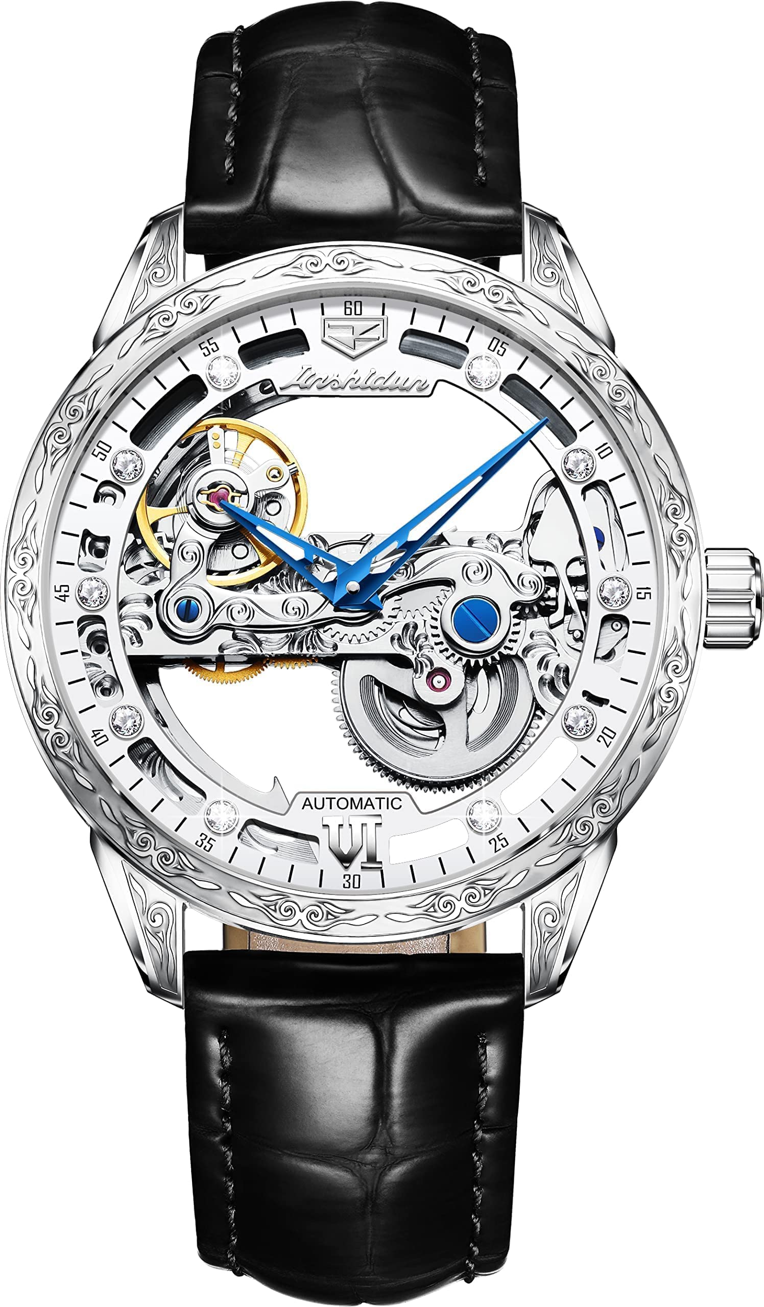 OLEVS Men's Skeleton Automatic Mechanical Watch - Self Winding, Waterproof, Luminous, Luxury Leather Strap Dress Watch for Business & Formal Occasions
