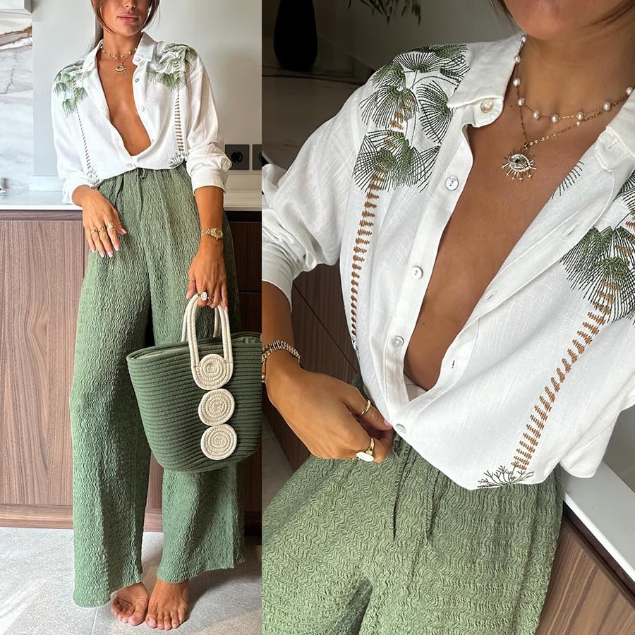 Women's 2-Piece Lounge Set - Soft V-Neck Button Crop Top & Flowy Wide Leg Pants Outfit | Comfy Matching Pajama Set for Home, Yoga & Relaxation