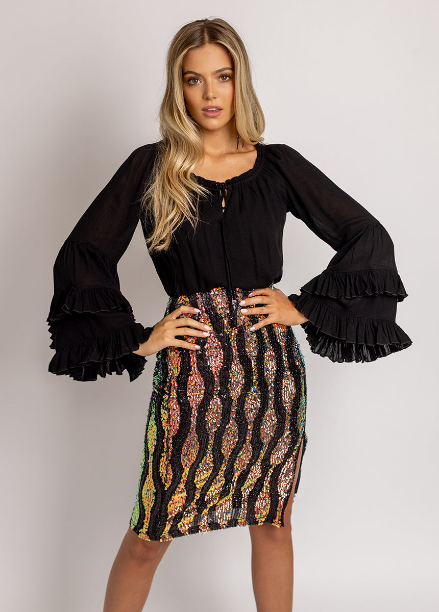 Lunah Skirt in Oil Slick - Stylish Women's Metallic Sheen Midi Skirt for Party, Night Out & Special Occasions