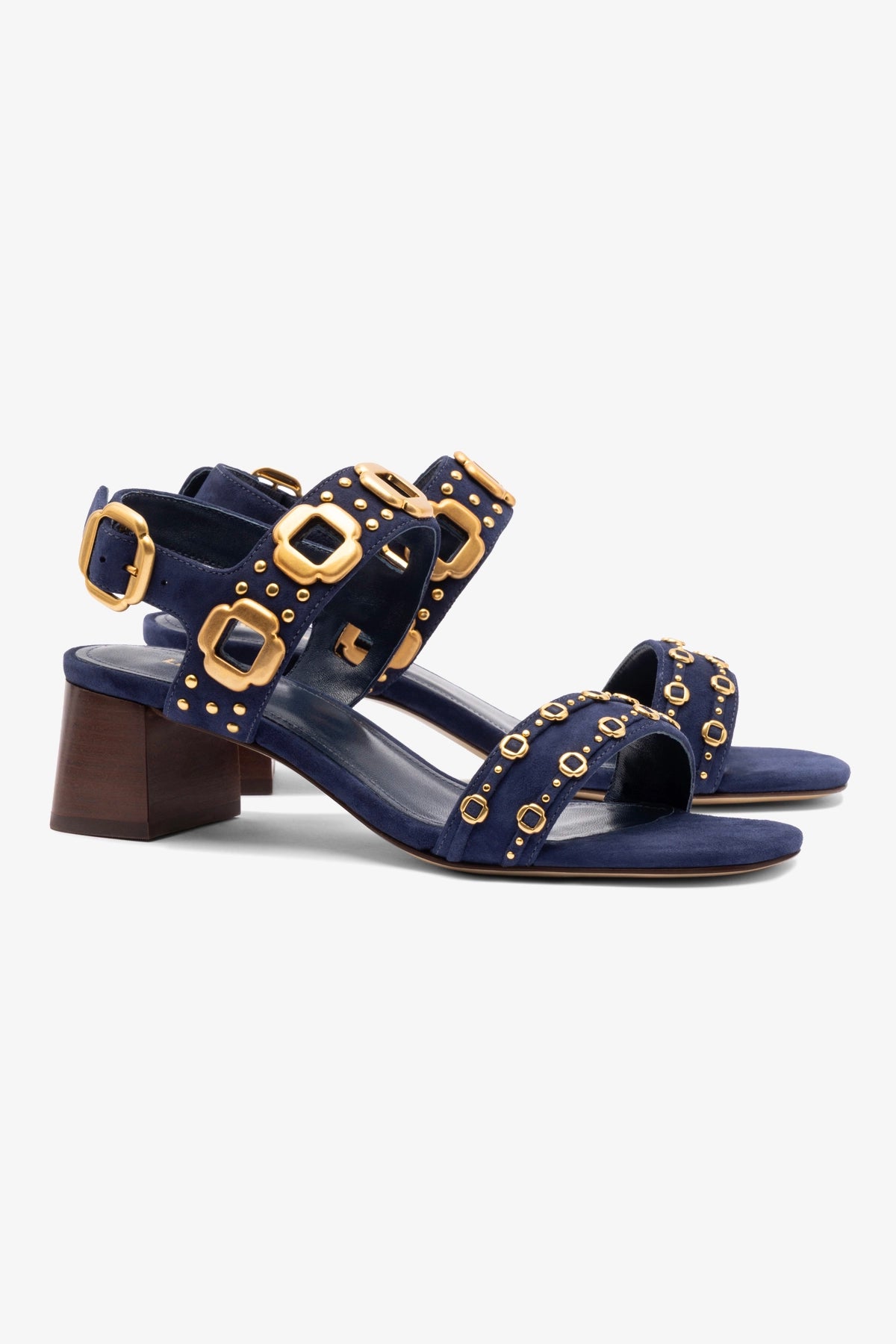 Milan Studs Block Heel Sandals for Women - Navy Blue Suede Shoes | Comfortable & Stylish for Casual Outings, Parties & Office Wear