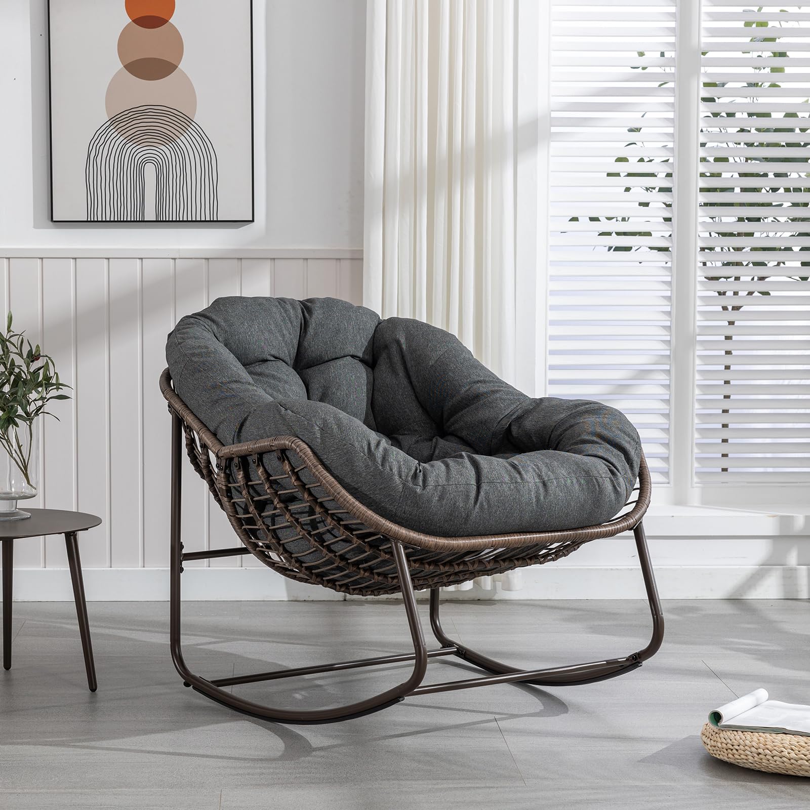 LIZAKI Oversized Egg Rocking Chair with Thick Cushion - Rattan Patio Rocker for Indoor & Outdoor Use - Perfect for Balcony, Garden, Porch, Backyard Relaxation and Reading Nook