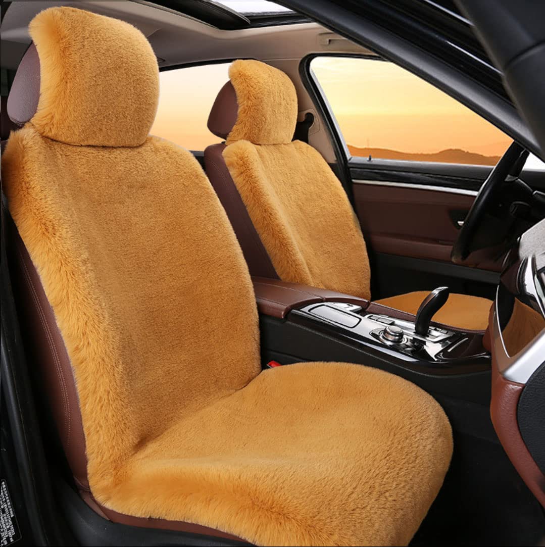 Premium Universal Faux Rabbit Fur Car Seat Covers - Soft & Warm 2-Piece Front Seat Cushions for Cars, SUVs, Trucks - Light Brown Fluffy Luxury Seat Protectors for Winter Comfort & Stylish Interior Upgrade