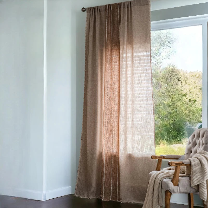 Custom Tasseled Sheer Curtains with Grommet Top - Elegant Averie Brown Window Drapes for Living Room & Bedroom Decor