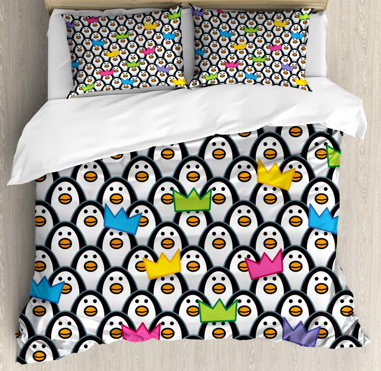 Ambesonne Sea Animals Duvet Cover Set - Queen Size 3 Piece Bedding with 2 Pillow Shams | Fun Penguins in Party Hats Design | Dark Grey Multicolor Polar Theme | Perfect for Kids' Rooms, Beach Houses & Arctic-Themed Decor