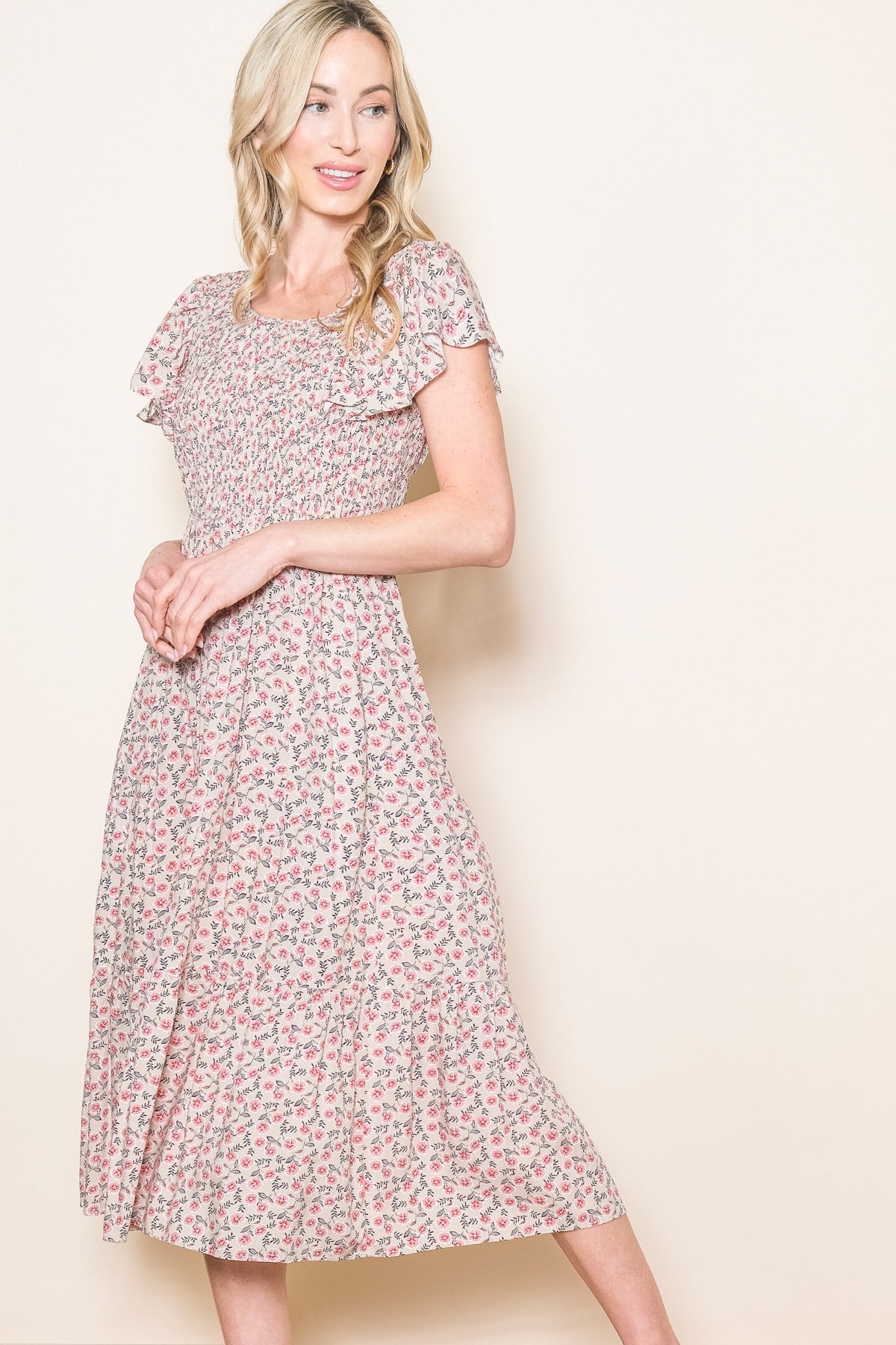 Beige Floral Smocked Maternity Midi Dress for Pregnancy - Comfortable Stretchy Nursing Dress for Baby Shower, Maternity Photo Shoot & Special Occasions
