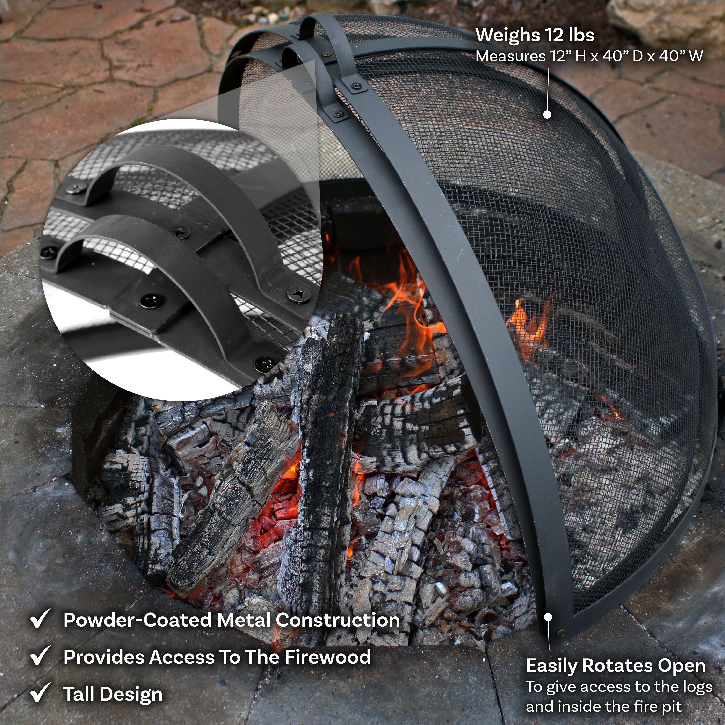 Easy Access Steel Fire Pit Spark Screen Cover - Durable & Rust-Resistant for Outdoor Camping, Backyard, Patio & Bonfire Safety
