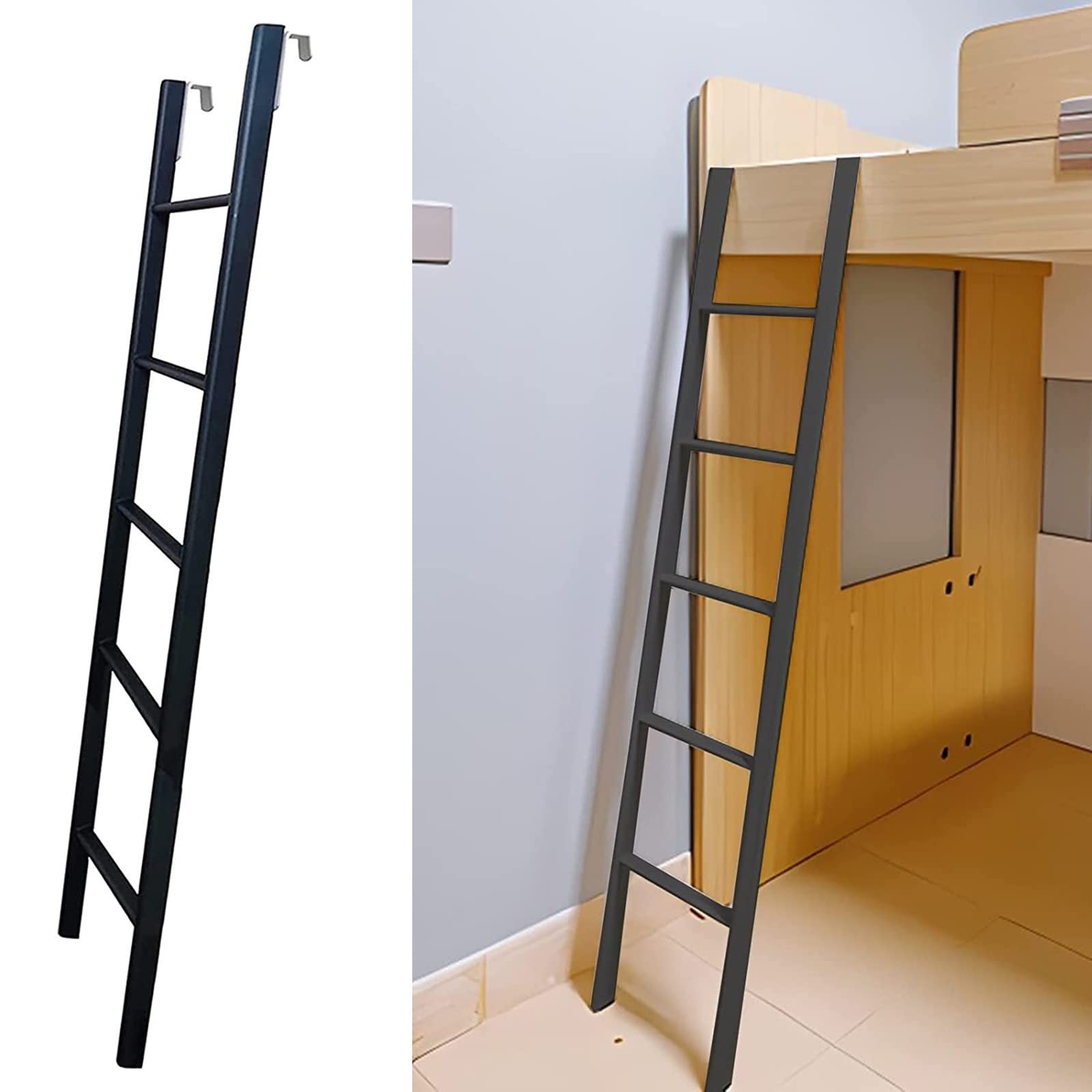 Metal Step Stool Ladder for High Beds - Bedroom Step Stool for Bunk Beds, Loft Beds & Travel Trailers with Included Mounting Brackets (Black, 1.7ft Length) - Perfect for Kids Rooms, Dormitories & RV Camping
