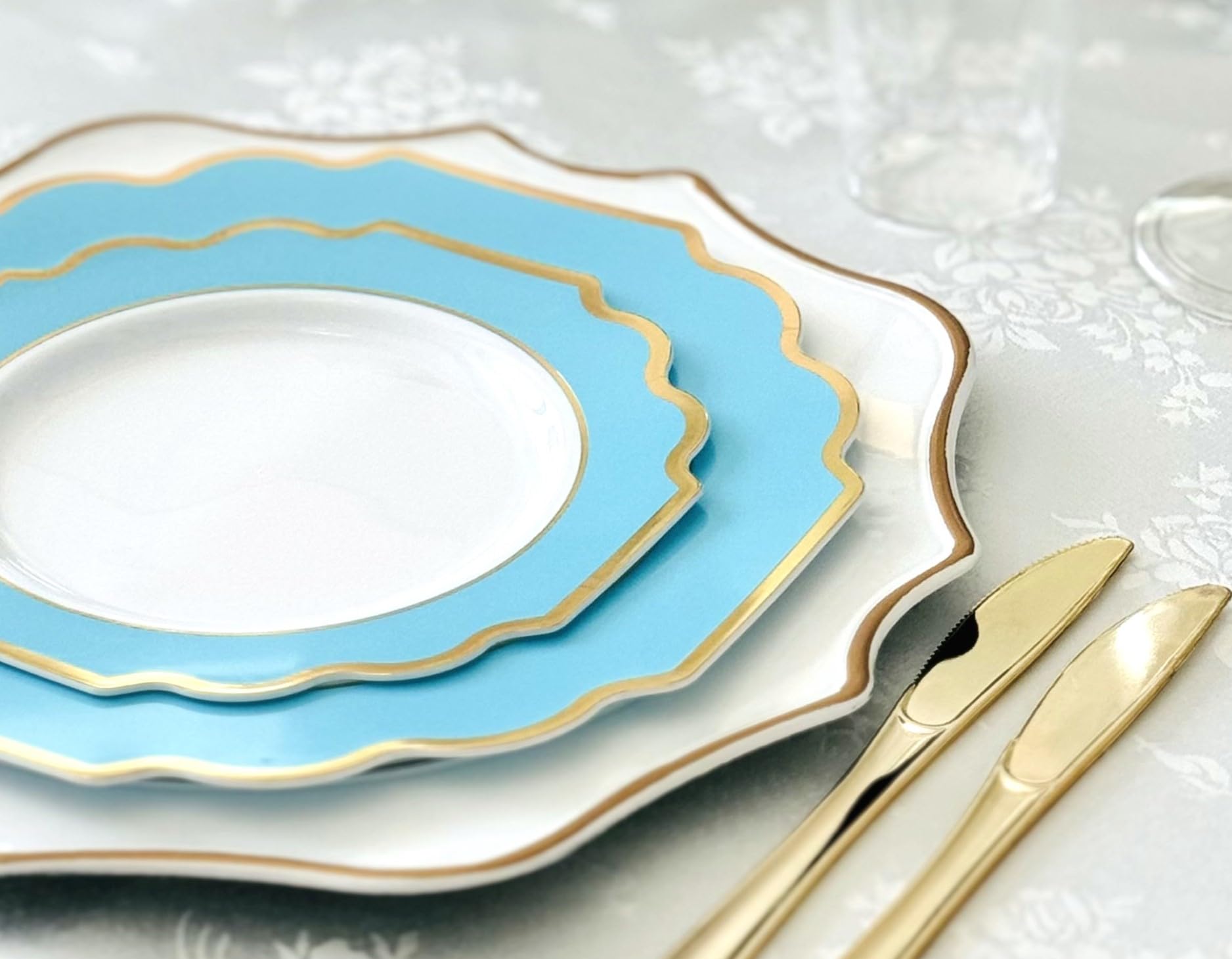 960-Piece Heavyweight Disposable Plastic Plate Set for Weddings & Parties - Includes 120 x 10.5'' Plates, 120 x 8'' Plates, Silverware, Cups & Napkins (Imperial Aqua & Gold) - Perfect for Large Gatherings, Catering Events & Special Occasions