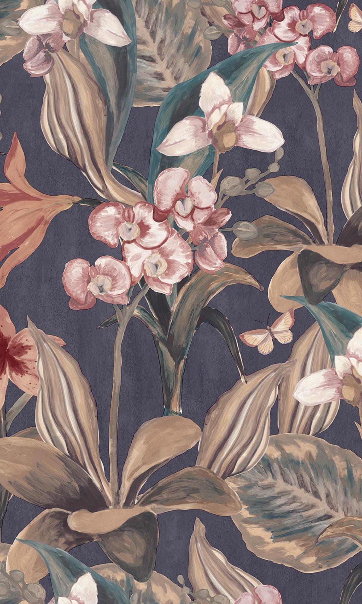 Dark Blue Hand Painted Orchids Floral Wallpaper R8143 - Premium Peel & Stick Wallpaper for Bedroom, Living Room & Nursery Decor