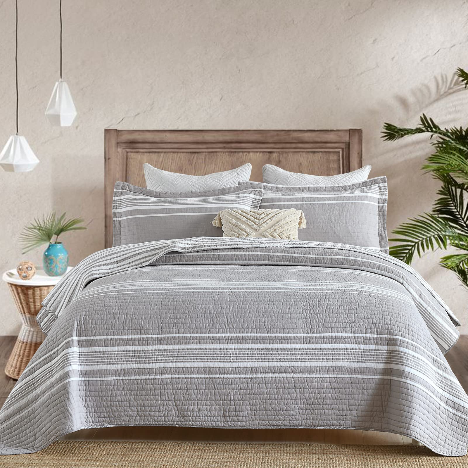 Y-PLWOMEN 100% Cotton King Size Quilt Set - Lightweight Reversible Grey Striped Bedspread for All Seasons | 3-Piece Quilted Coverlet for King Bed | Perfect for Master Bedroom, Guest Room & Cozy Home Decor