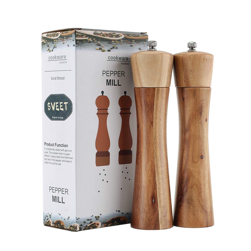 Premium Acacia Wood Salt and Pepper Grinder Set - 8 Inch Adjustable Manual Mill with Ceramic Core - Perfect for Kitchen, BBQ, Picnic, Restaurant & Dinner Parties (2 Pack)