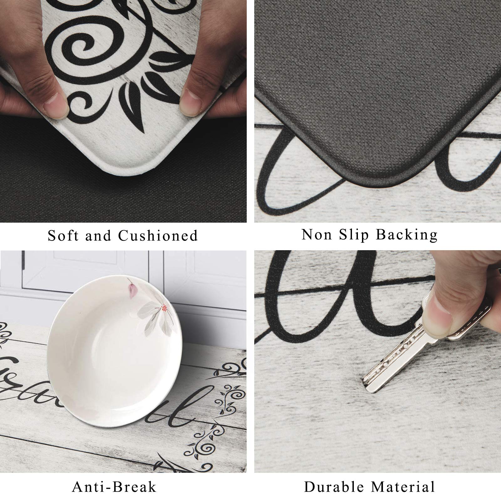 HEBE Anti-Fatigue Kitchen Mat Set of 2 - Non-Slip Cushioned Floor Mats for Standing, Waterproof Farmhouse Style - Perfect for Kitchen Sink, Office Desk & Laundry Room (Comfortable Standing Solution for Home & Work)