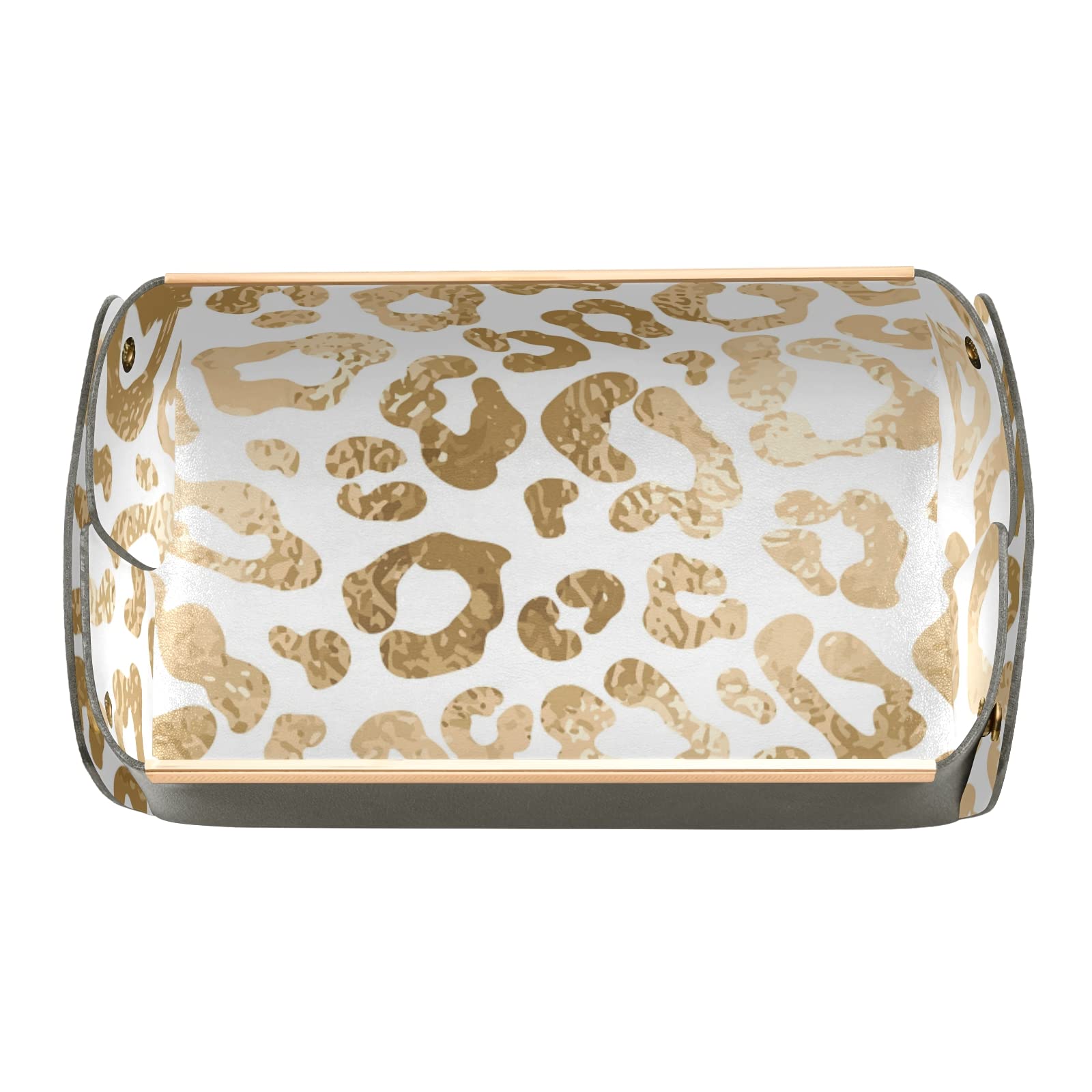 Gold Leopard Print PVC Leather Rectangular Desk Organizer Tray - Detachable Jewelry & Vanity Storage Plate, Foldable Counter Tray for Makeup, Keys, Tissues (Perfect for Bedroom, Bathroom & Office Organization)