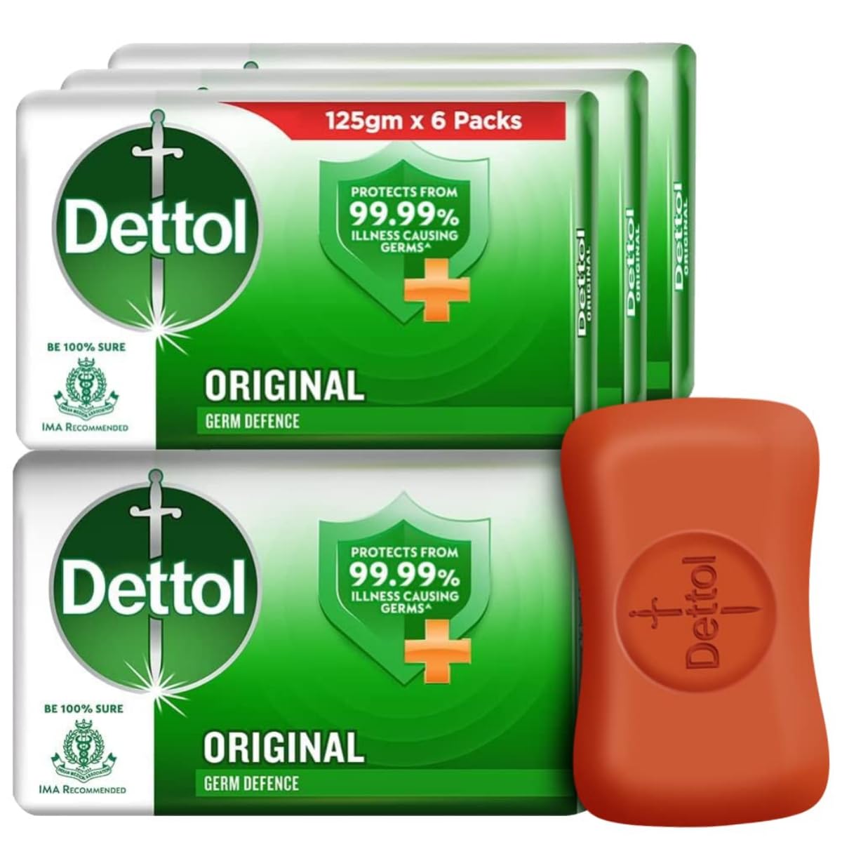 Dettol Original Germ Protection Soap Bar - 6 Pack (125g Each) | Antibacterial Bath Soap for Men & Women | Ideal for Daily Hygiene, Showering & Travel