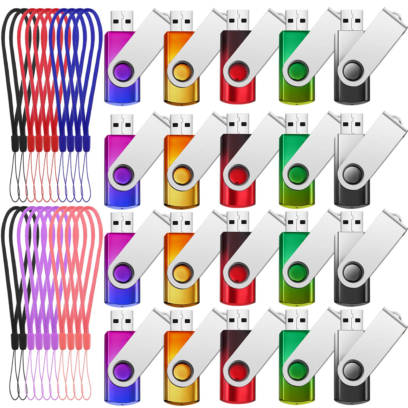 Aoriher 20 Pack 2GB USB Flash Drives - Gradient Colors with Lanyards for Data Storage & File Sharing - Office & School Use