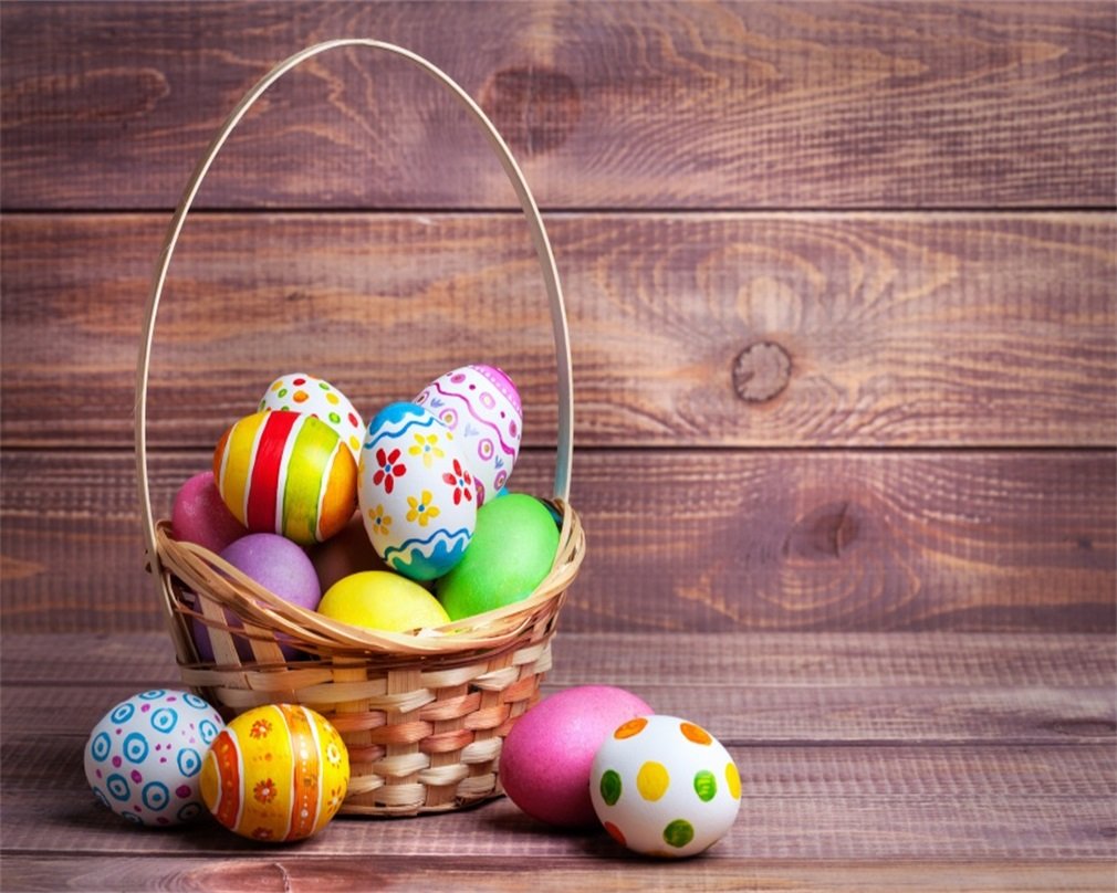 AOFOTO 12x10ft Easter Photography Backdrop - Decorated Eggs, Rustic Basket on Vintage Wooden Board for Newborn, Baby, Toddler Photo Shoots | Studio Props, Wallpaper for Artistic Portraits & Holiday Decor