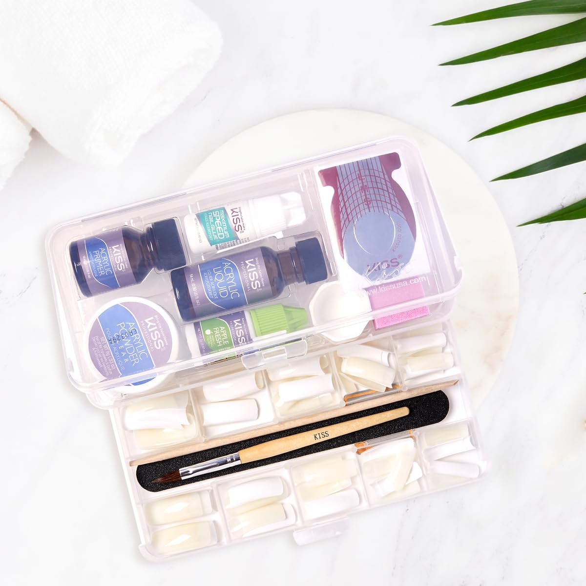 KISS Complete Salon Acrylic Fake Nails Manicure Kit - Includes Acrylic Liquid, Primer, Clear Powder, Fast-Drying Nail Glue & 60 Long Bubble-Free Nails | DIY Nail Extensions for Home, Parties & Special Occasions