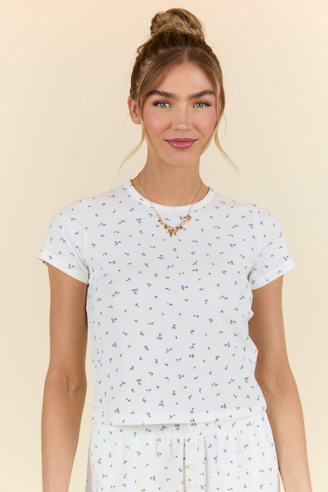 What A Dream Blue Ditsy Floral Short Sleeve Pajama Top for Women - Soft & Comfortable Sleepwear - Perfect for Lounge, Bedtime & Relaxation at Home