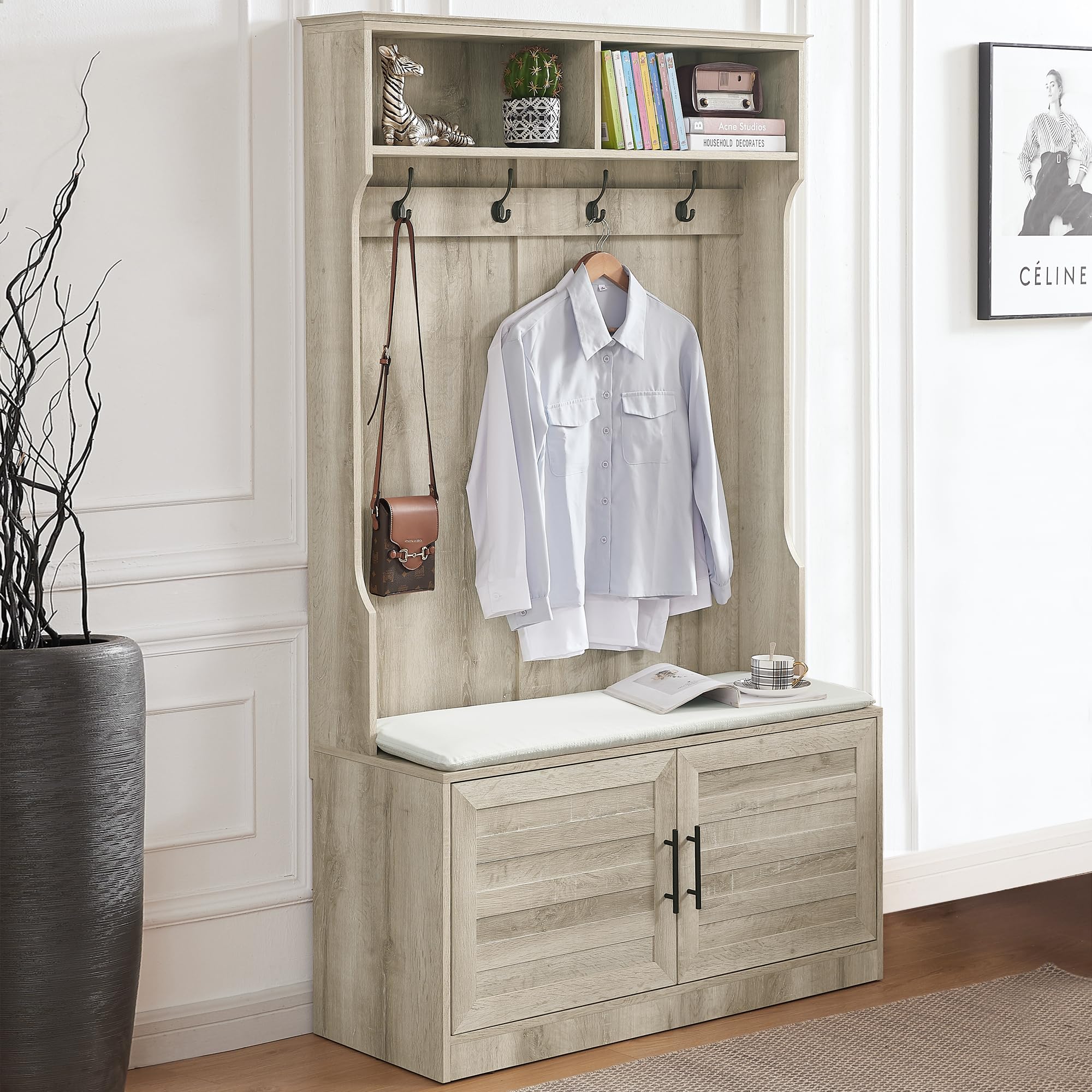 Farmhouse Hall Tree with Padded Storage Bench - Entryway Coat Rack & Shoe Cabinet - White Oak Mudroom Organizer for Coats, Shoes & Accessories - Perfect for Small Spaces, Apartments & Farmhouse Entryways