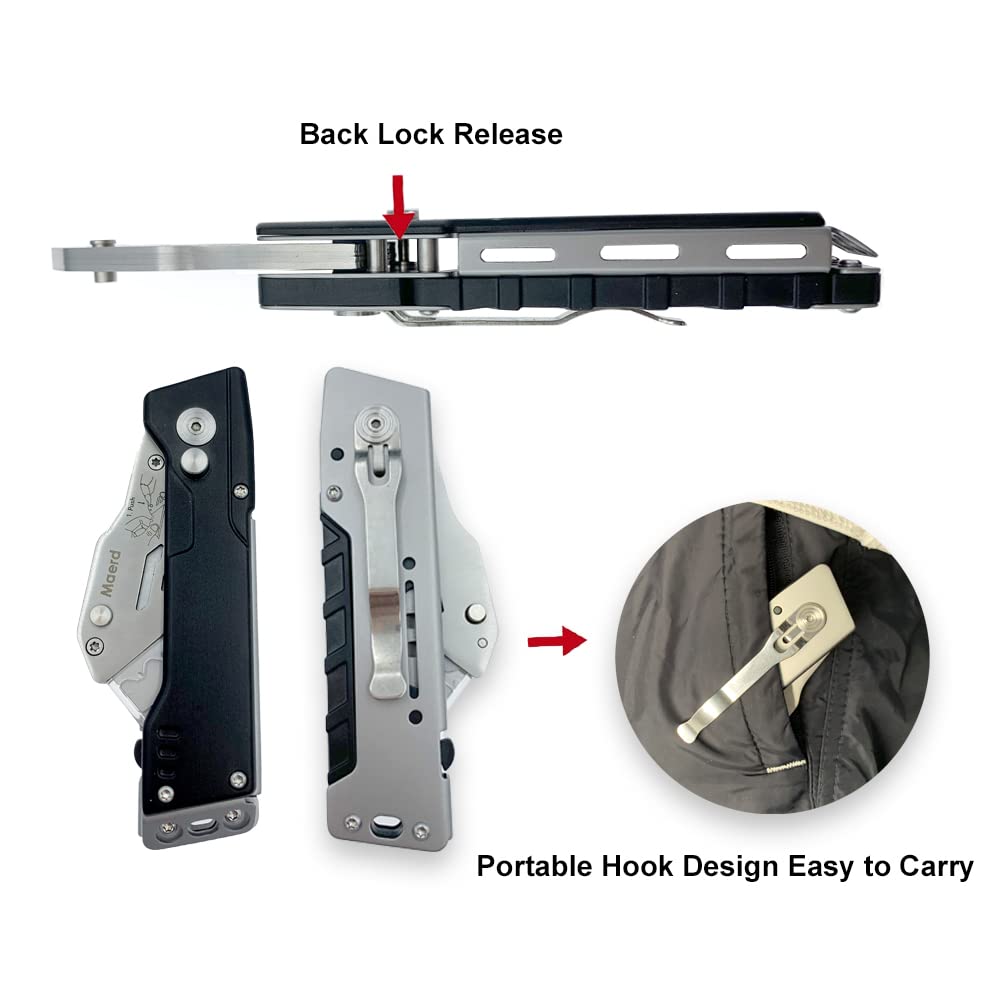 Maerd Heavy Duty Folding Utility Knife - Quick Change Box Cutter with Frame Lock & Blade Storage | Includes 25 Extra Blades | EDC Razor Carpet Work Knife with Belt Clip (Black) | Perfect for Warehouse, Construction, DIY Projects & Outdoor Activities