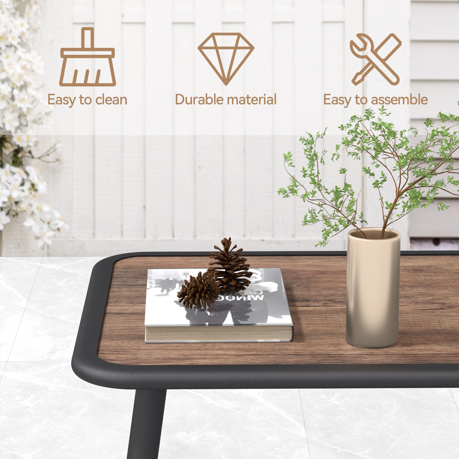 Rustic Metal Outdoor Coffee Table with Wood Look Top - Small Rectangle Side Table for Patio, Garden, Deck or Poolside Use