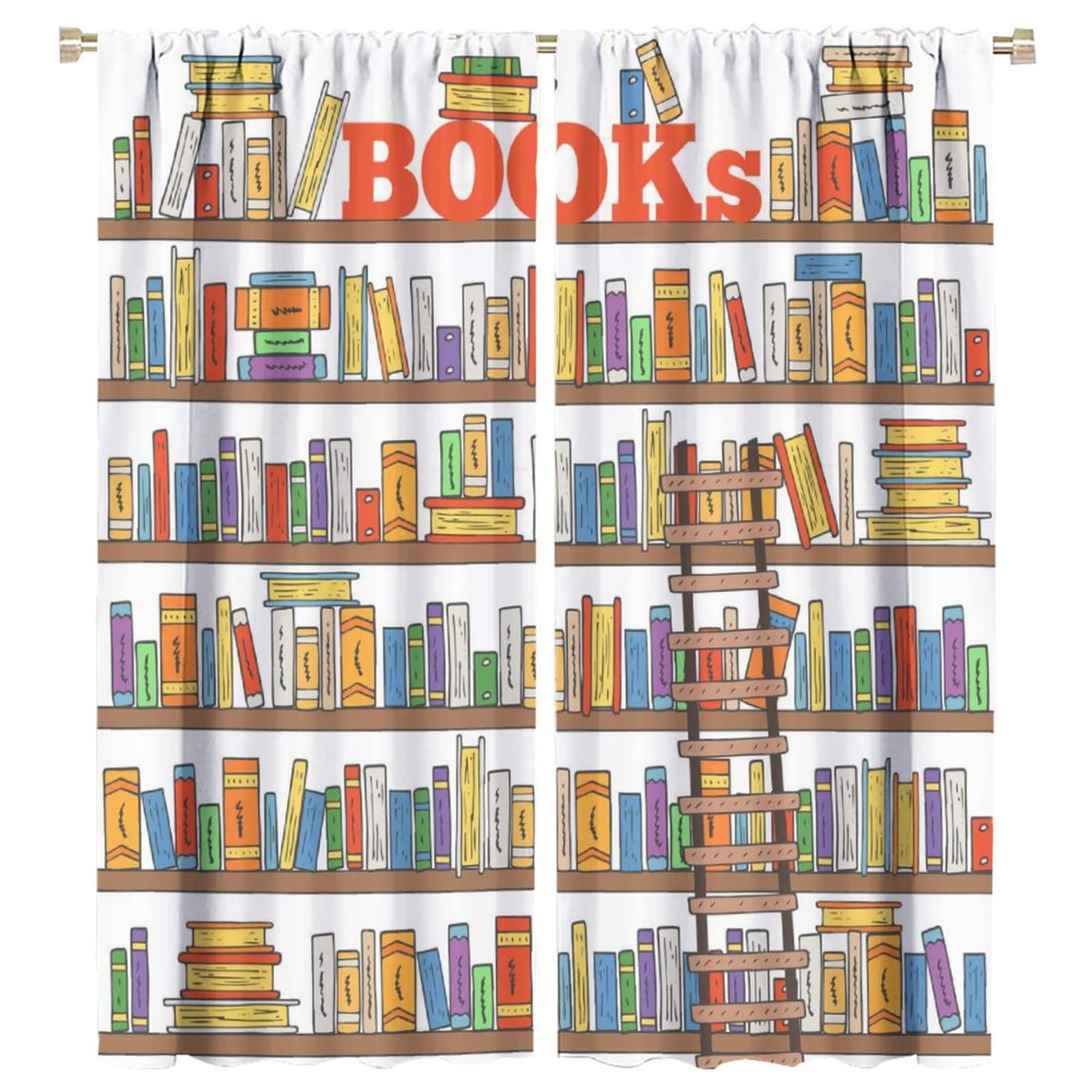 Modern Bookshelf Blackout Curtains for Kids Room - Cartoon Library Ladder Design Jacquard Window Drapes (55x63 inches) - Perfect for Nursery, Bedroom & Basement Decoration