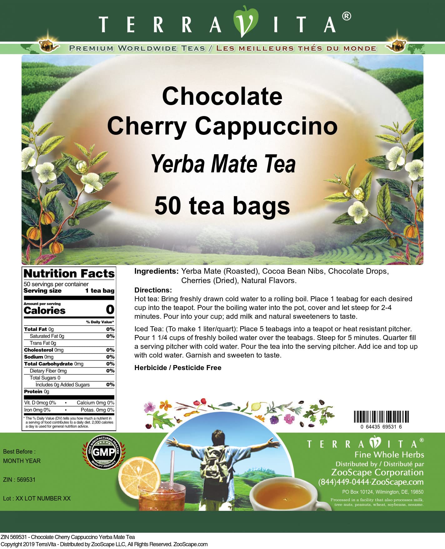Organic Chocolate Cherry Cappuccino Yerba Mate Tea Bags - 3 Pack (150 Tea Bags Total) | Caffeinated Herbal Tea Blend for Energy & Focus | Perfect for Morning Boost, Afternoon Pick-Me-Up & Study Sessions