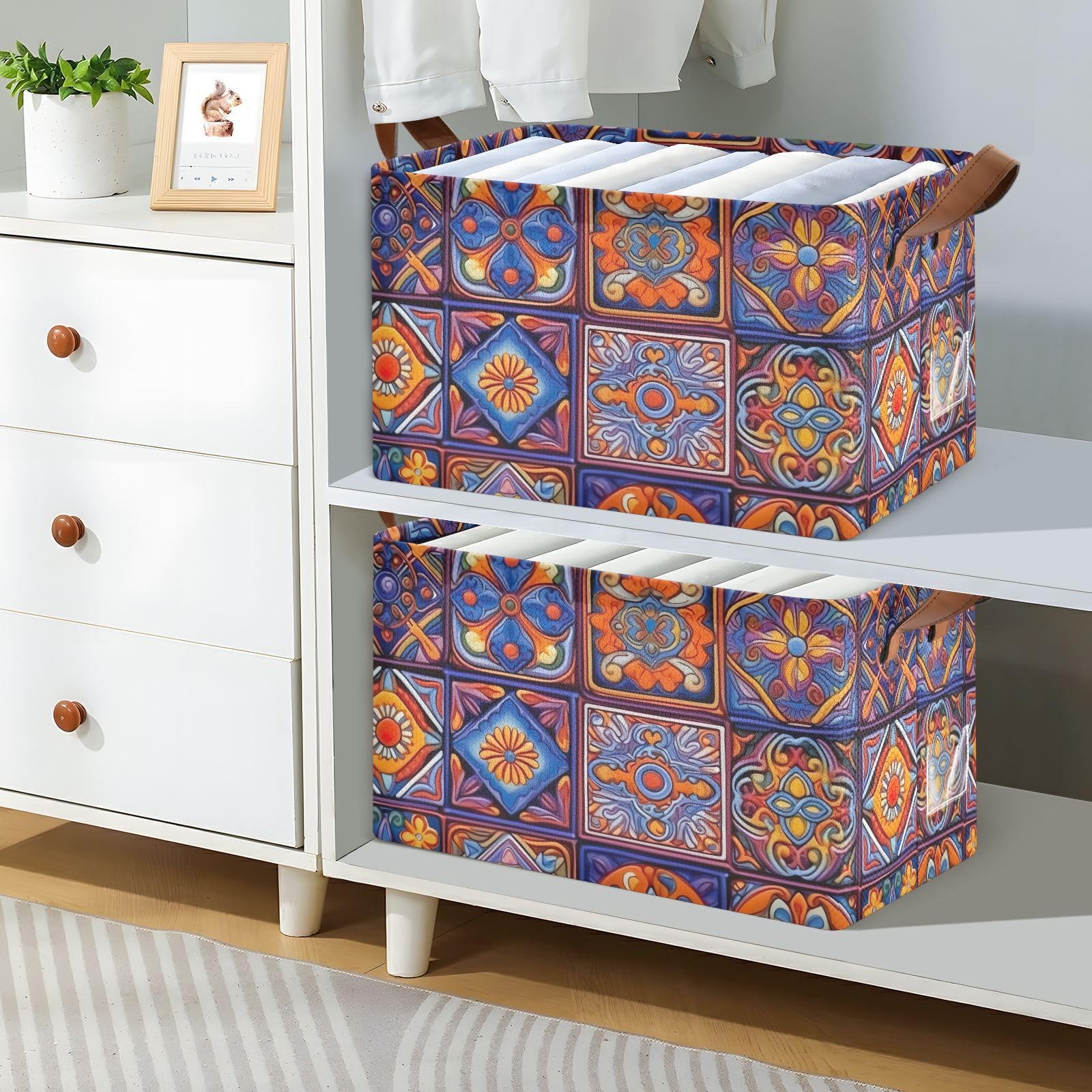 Emelivor Mexican Talavera Blue Storage Bins - Foldable Rectangular Organizer Baskets with Handles for Shelves, Nursery, Closet & Laundry | Perfect for Organizing Toys, Clothes & Home Decor