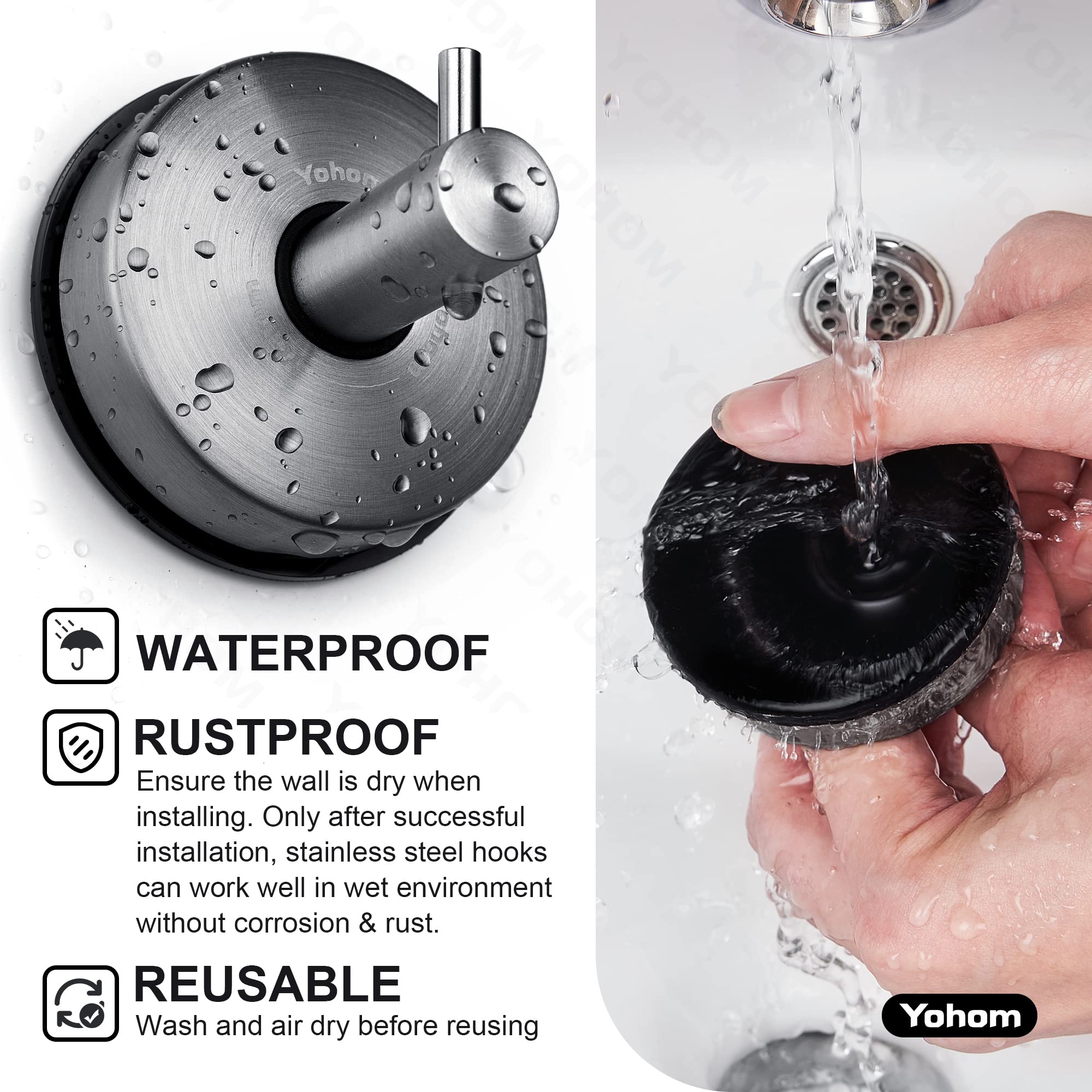 YOHOM Black Stainless Steel Suction Cup Hooks - Heavy Duty Shower Towel Holder for Glass Doors, Windows & Walls (2 Pack) - Perfect for Bathroom Organization, Loofah & Washcloth Hanging