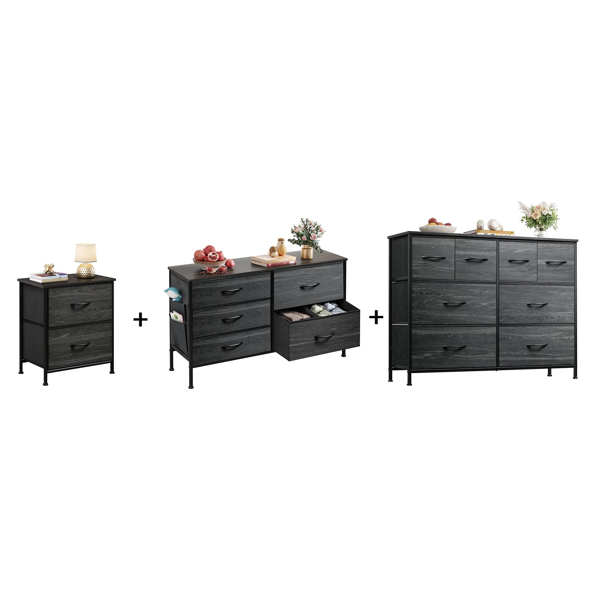 WLIVE 2-Drawer Nightstand & 5/8-Drawer Dresser Set - Fabric Storage Tower Organizer for Bedroom, Living Room, Nursery | Charcoal Black Wood Grain Print | Space-Saving Furniture for Small Apartments & Dorm Rooms