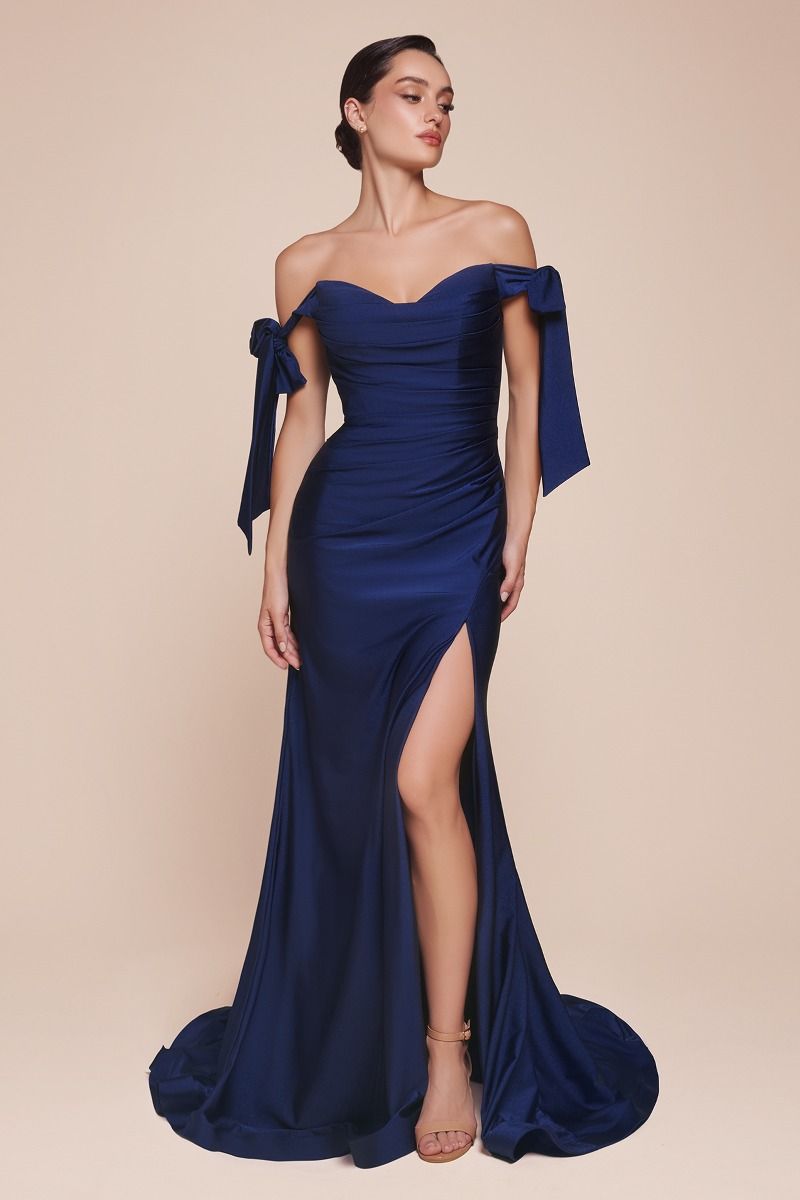 Elegant Navy Blue Off Shoulder Stretch Spandex Satin Evening Gown with Ties - Perfect for Prom, Cocktail Parties & Formal Occasions