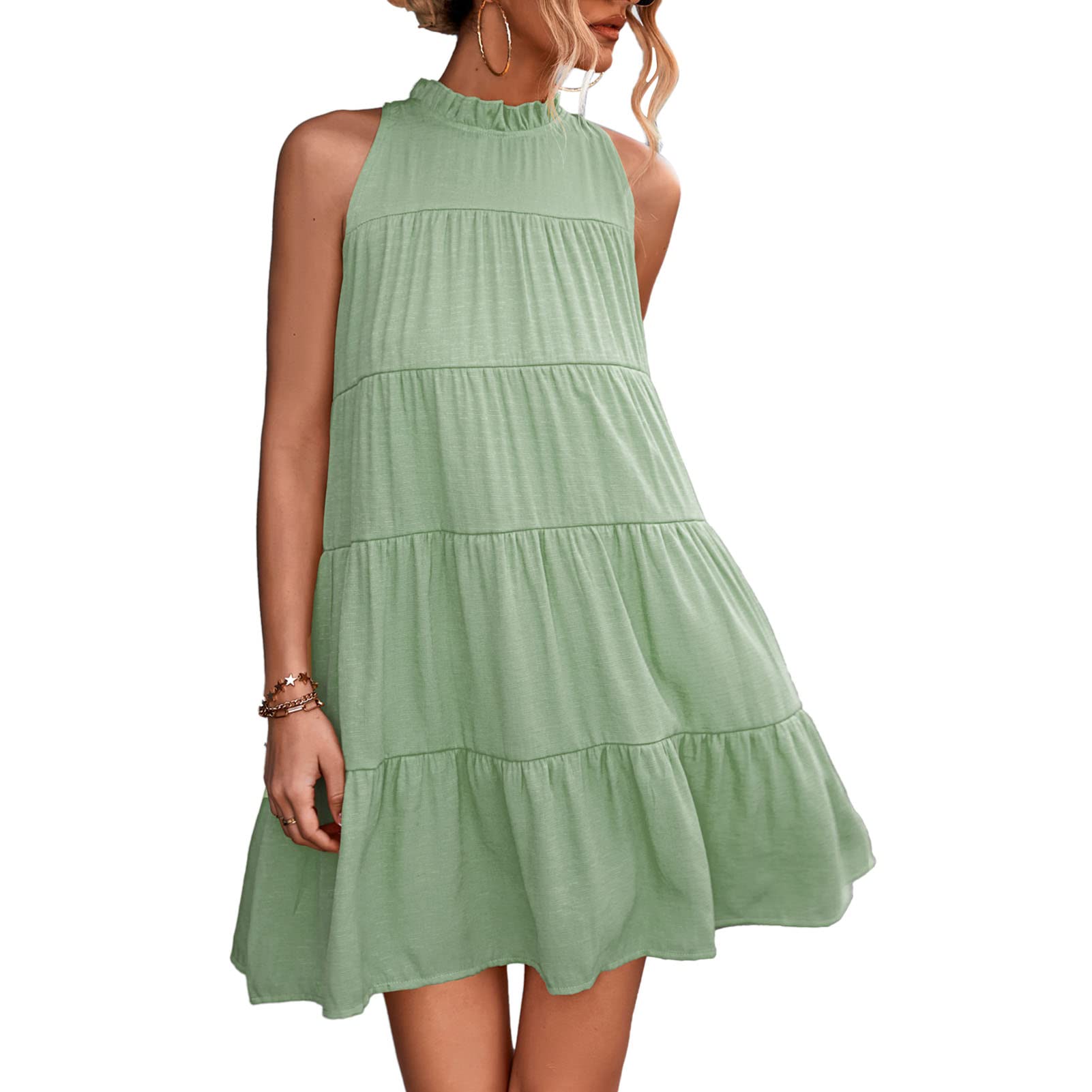 Women's Summer High Neck Sleeveless A-Line Swing Dress with Ruffle Frill Trim & Bow Tie Back - Casual Halter Neck Dress in Sage Green for Beach Parties, Date Nights & Summer Vacations