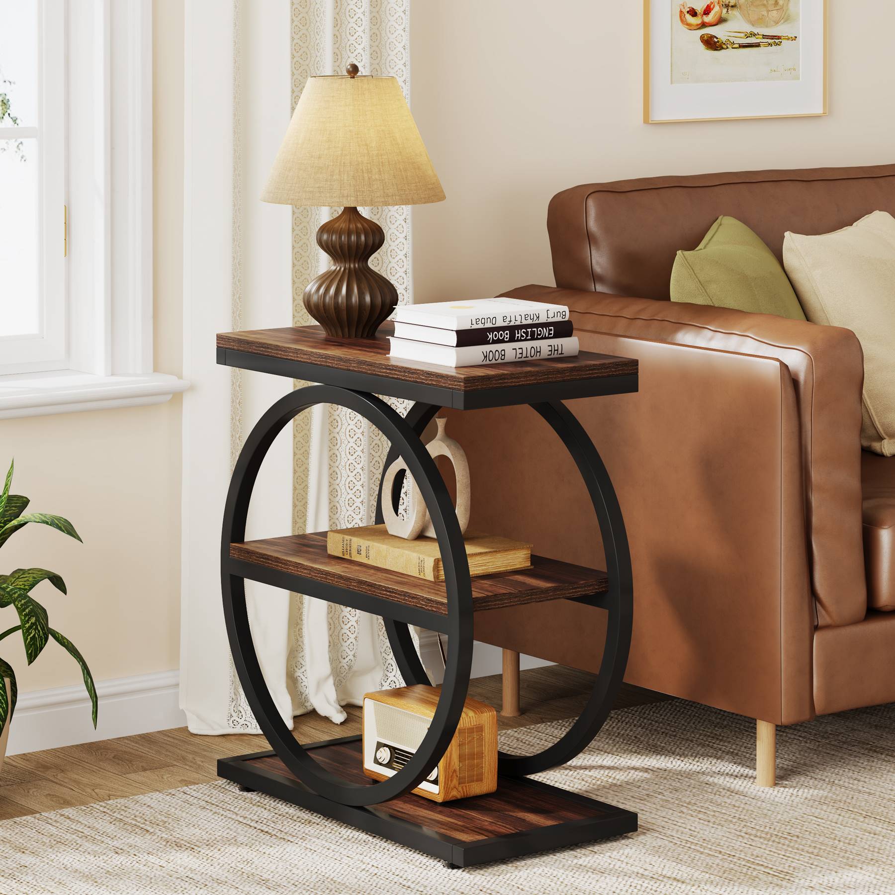 3 Tier End Table with Round Metal Frame - Industrial Style Sofa Side Table for Living Room, Bedroom & Office - Sturdy & Space-Saving Home Decor